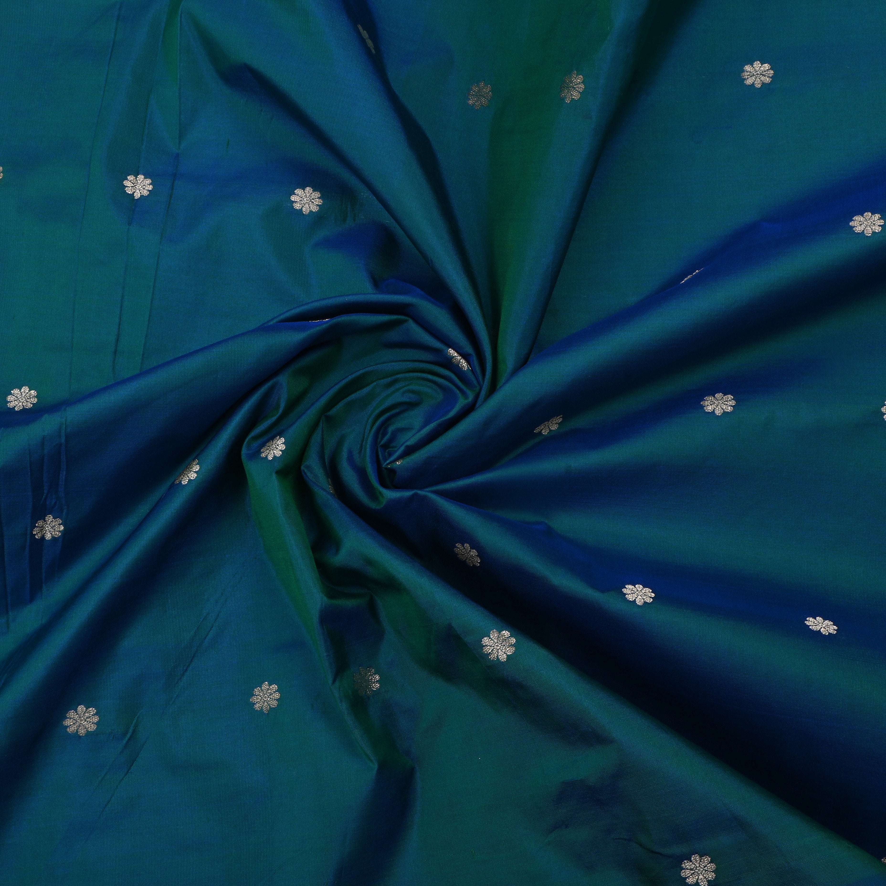 Sherpa Blue And Green Jamawar Silk Fabric With Floral Butti'S