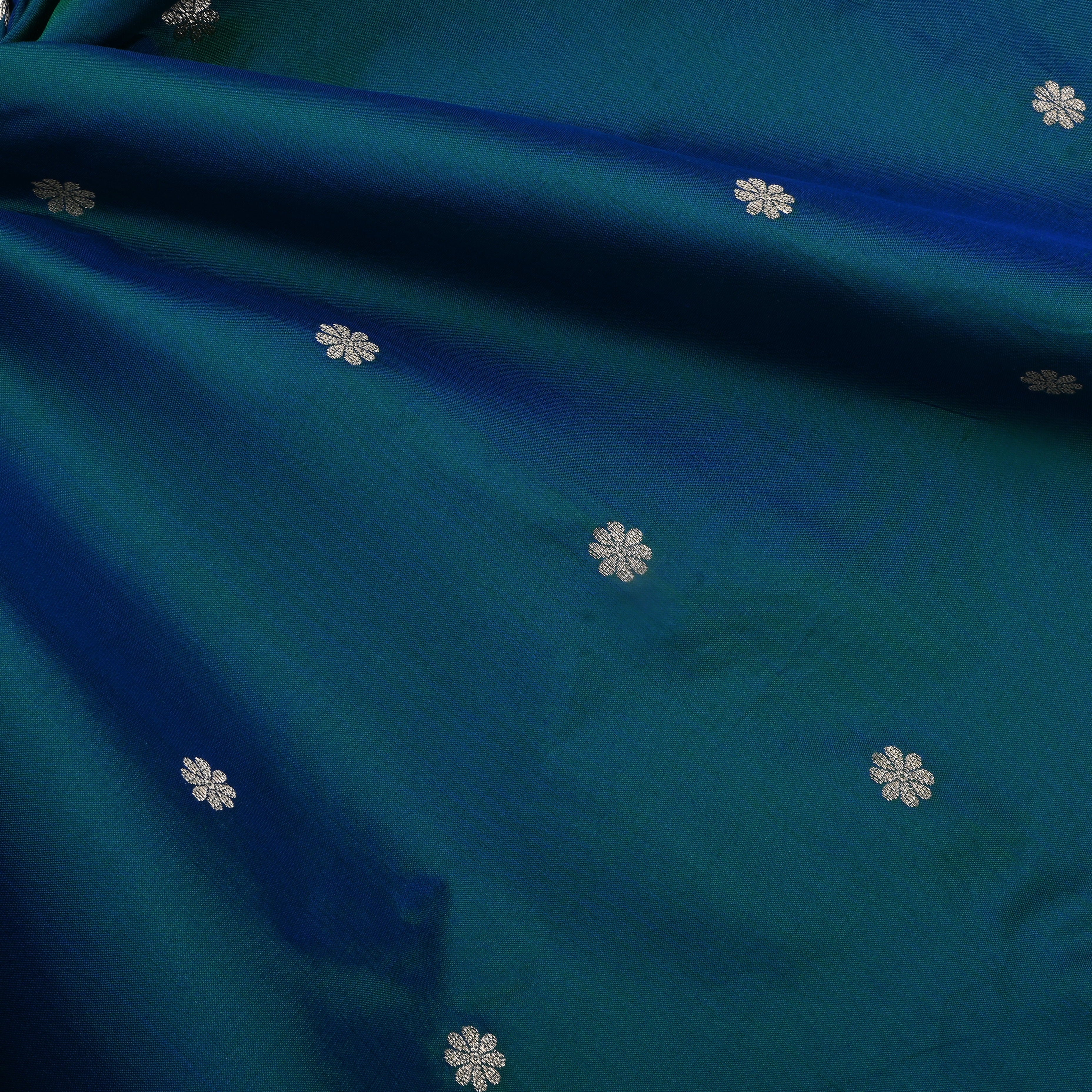 Sherpa Blue And Green Jamawar Silk Fabric With Floral Butti'S
