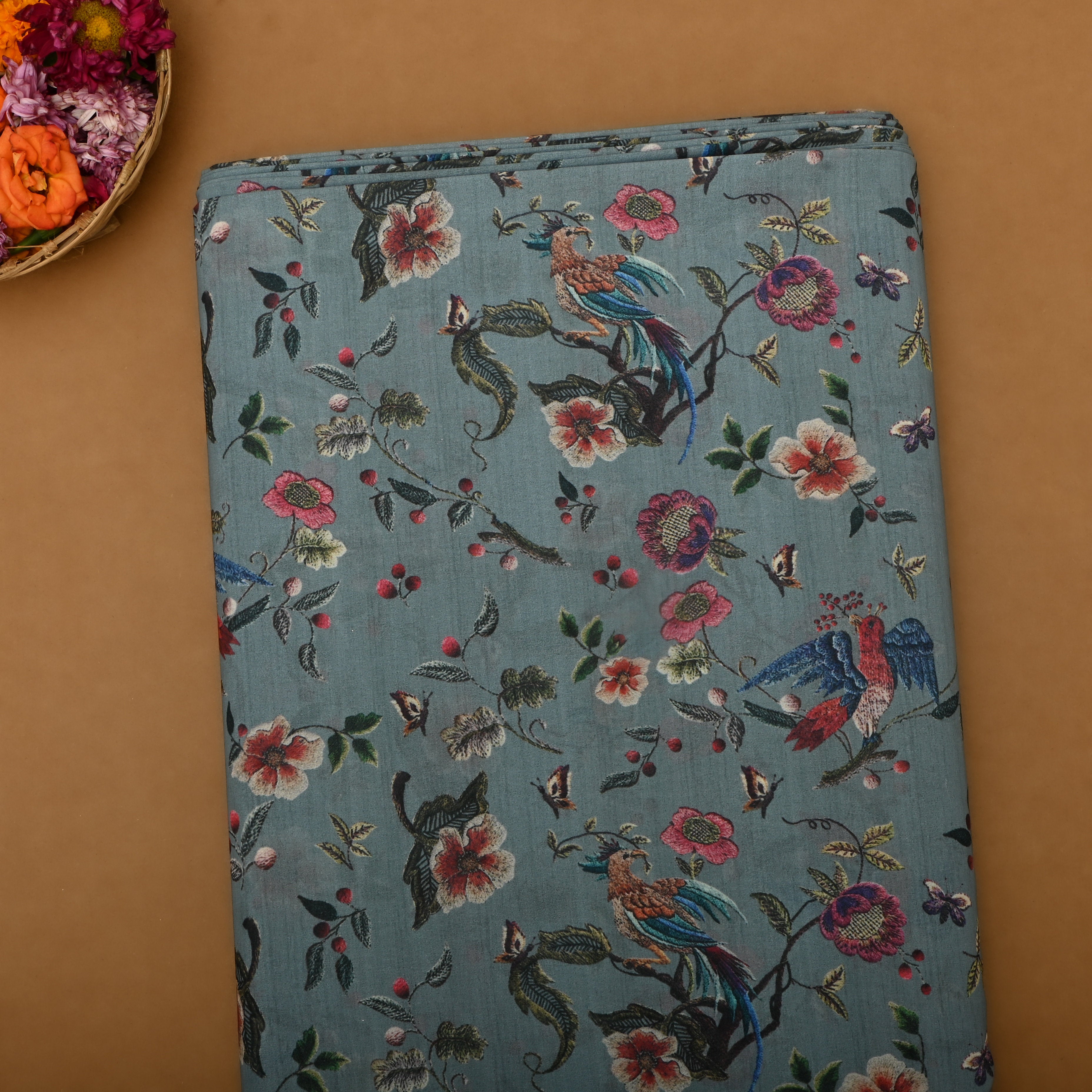 Greyish Turquoise Silk Fabric With Floral Prints
