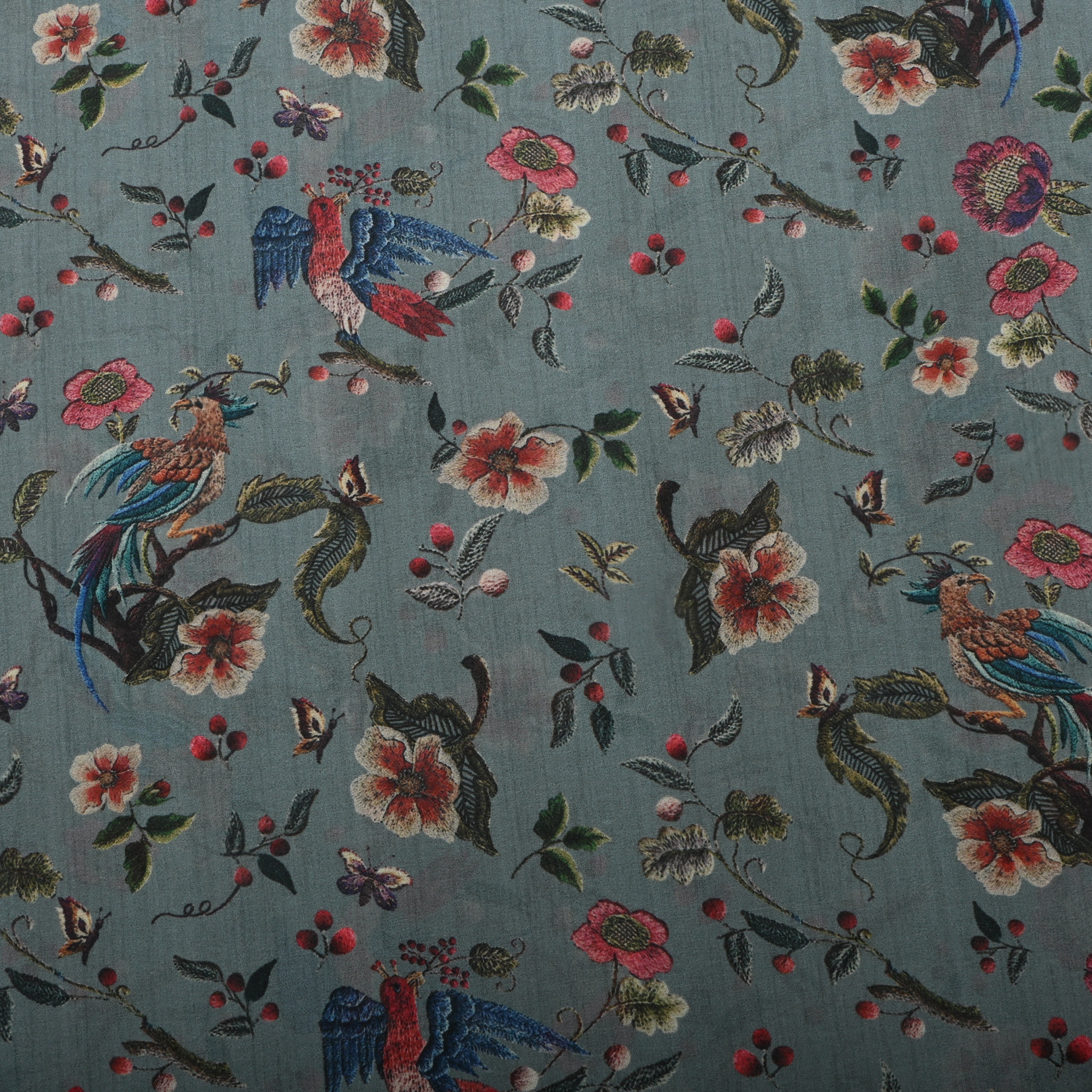 Greyish Turquoise Silk Fabric With Floral Prints