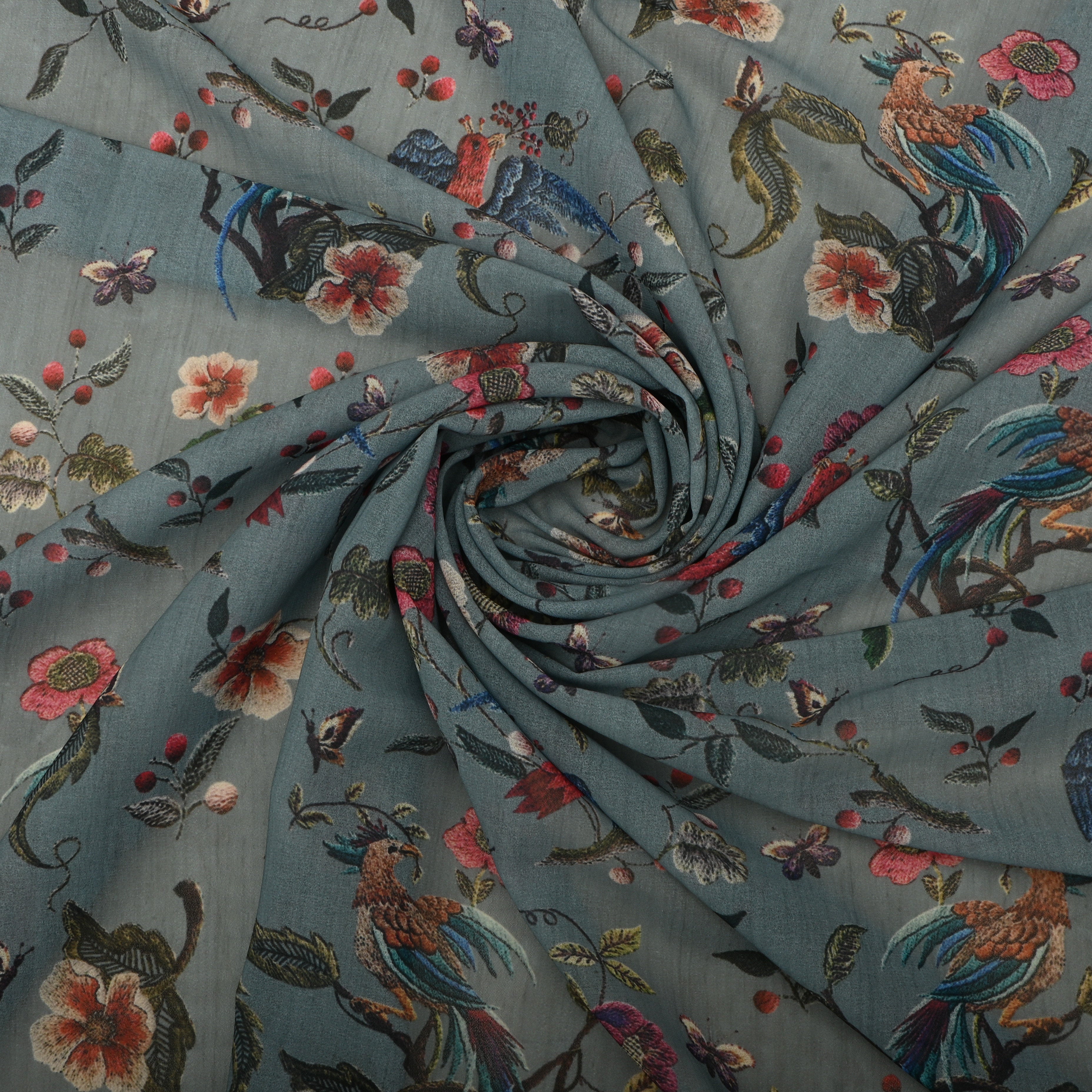Greyish Turquoise Silk Fabric With Floral Prints