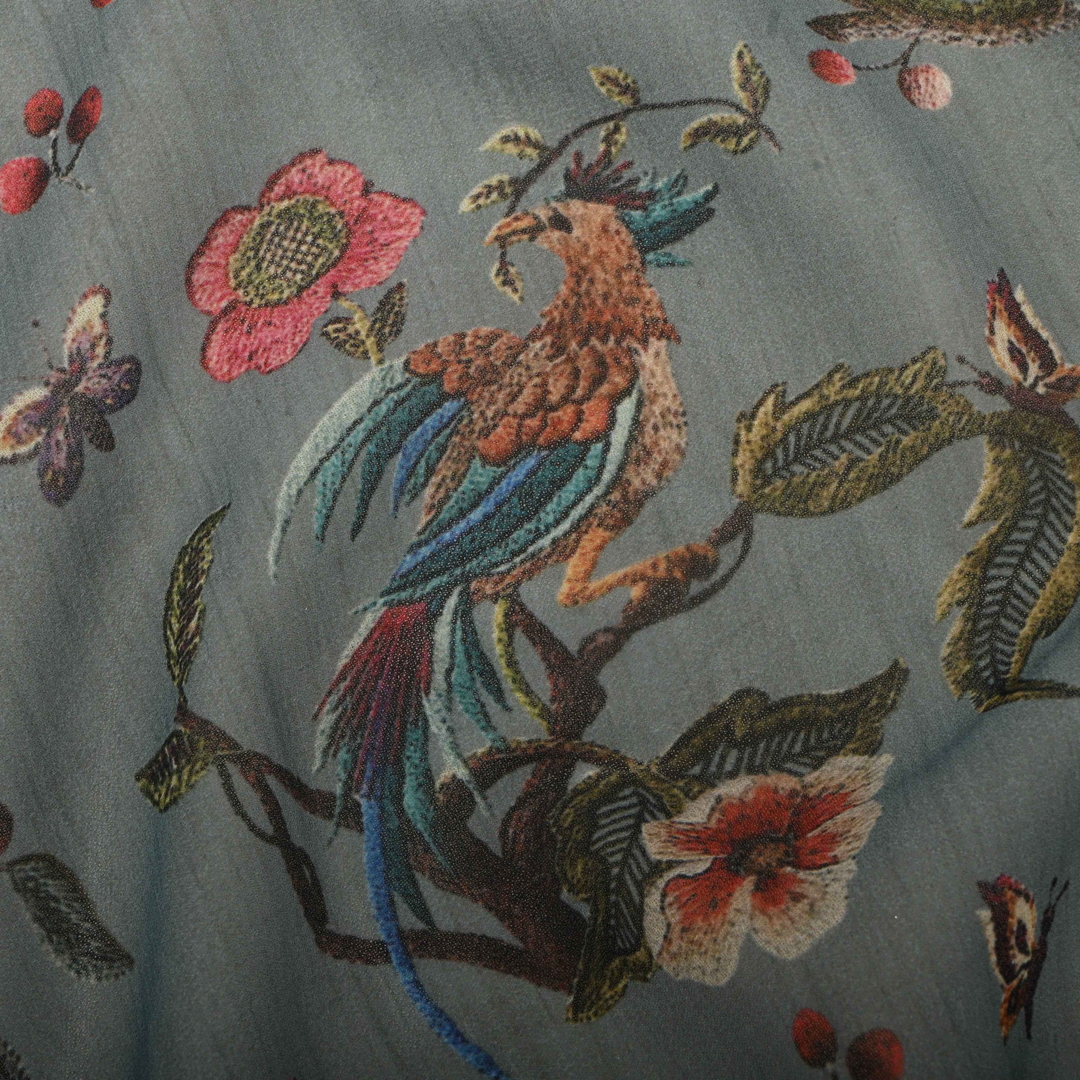 Greyish Turquoise Silk Fabric With Floral Prints