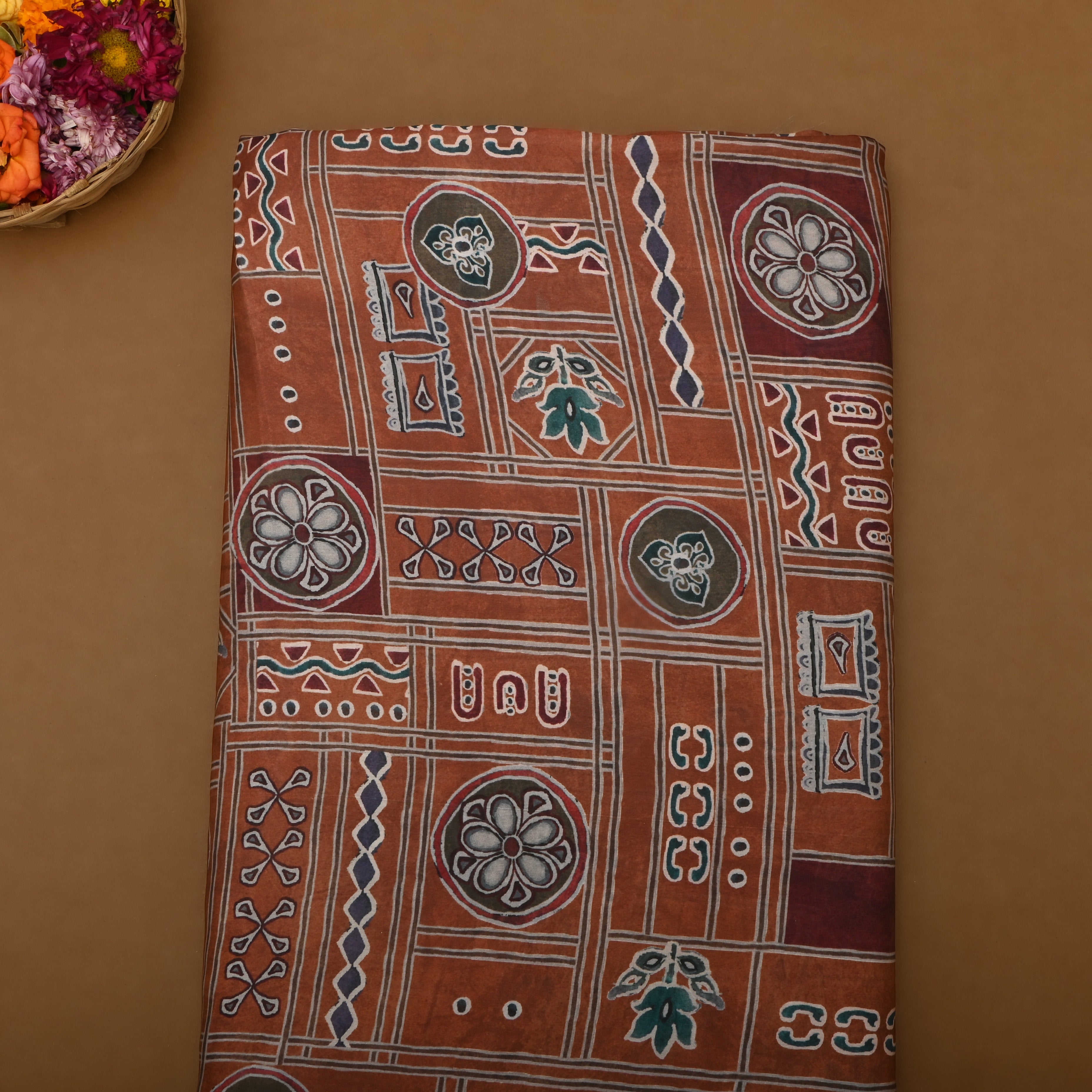 Sienna Brown Silk Fabric With Printed Design
