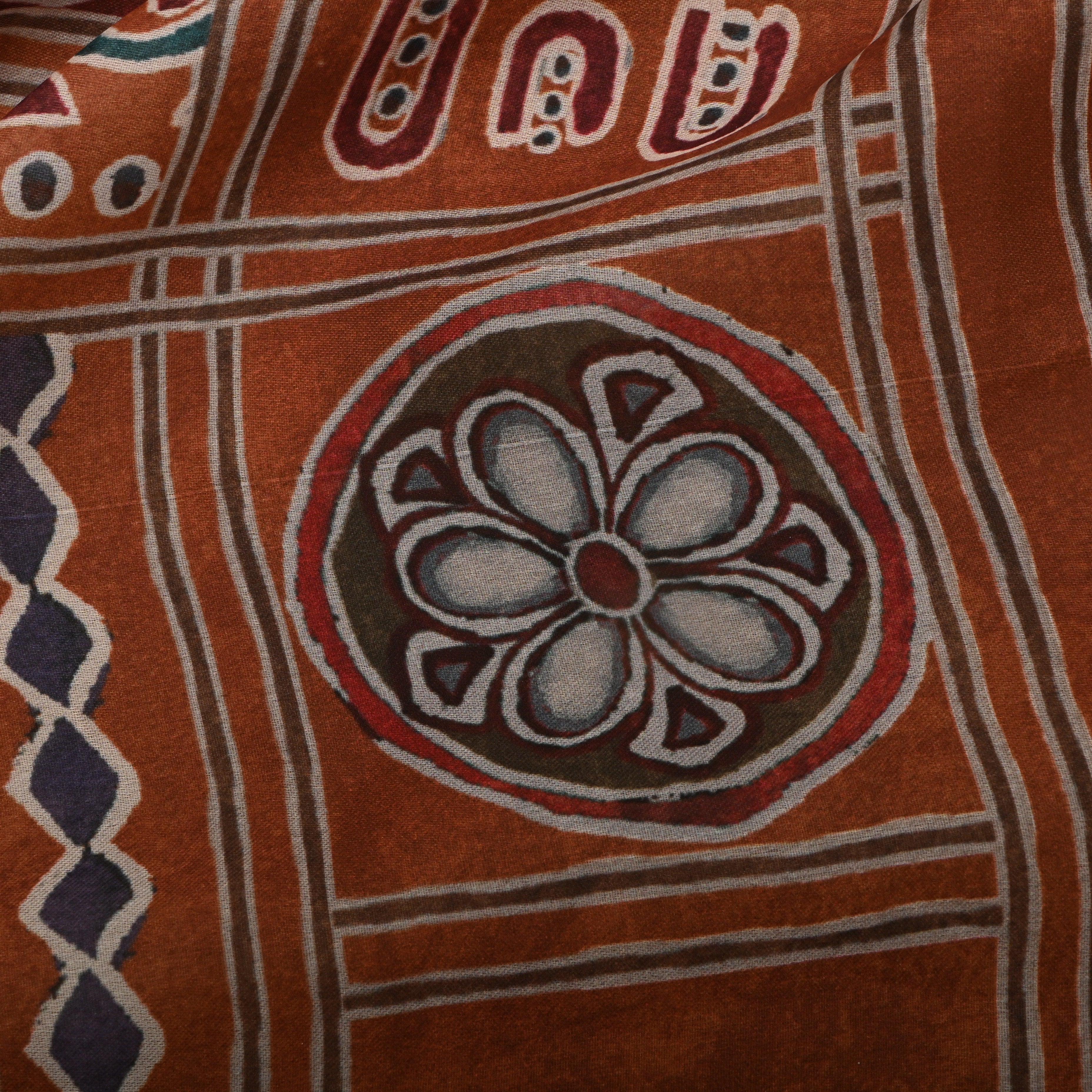 Sienna Brown Silk Fabric With Printed Design