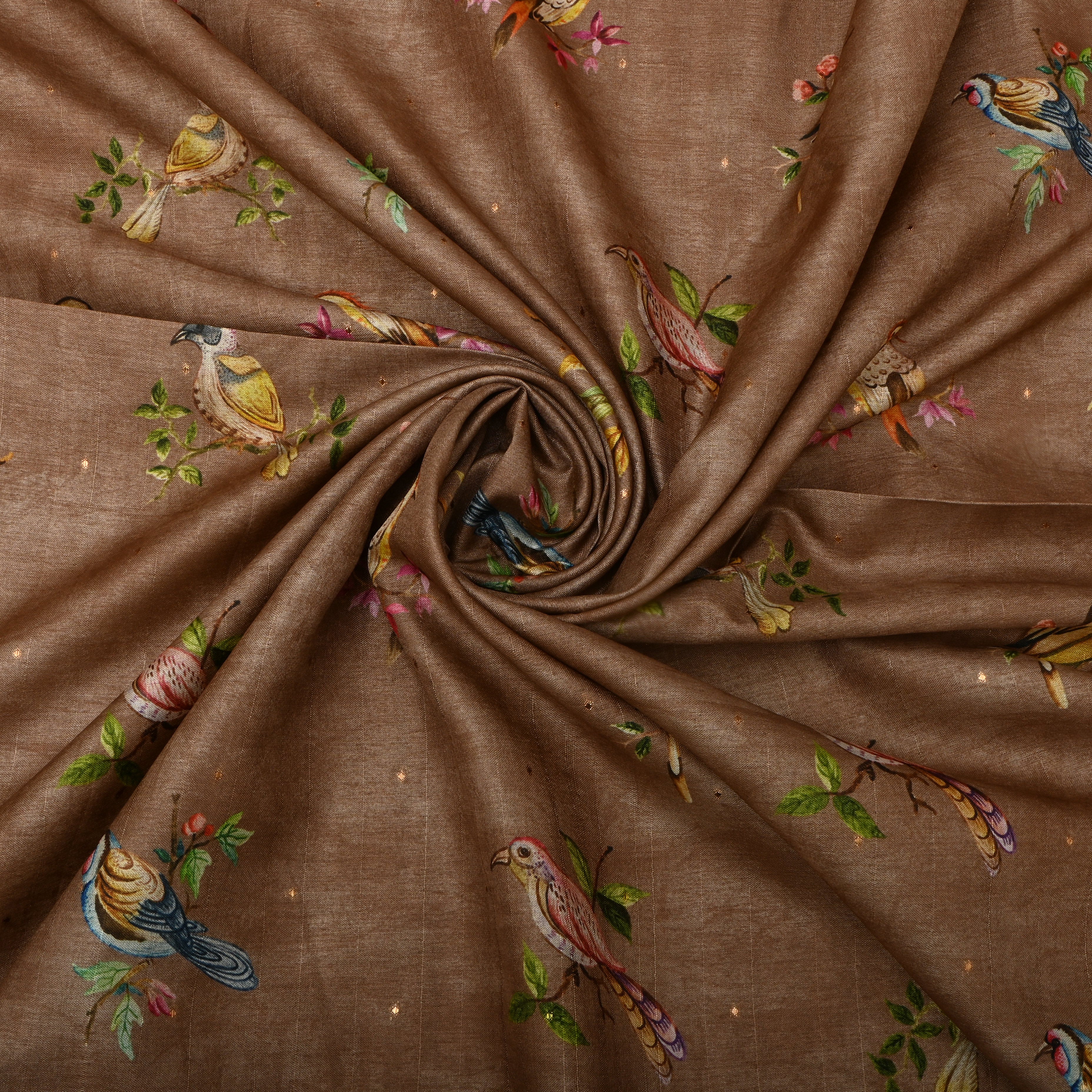 Light Brown Tussar Fabric With Avian Digital Prints