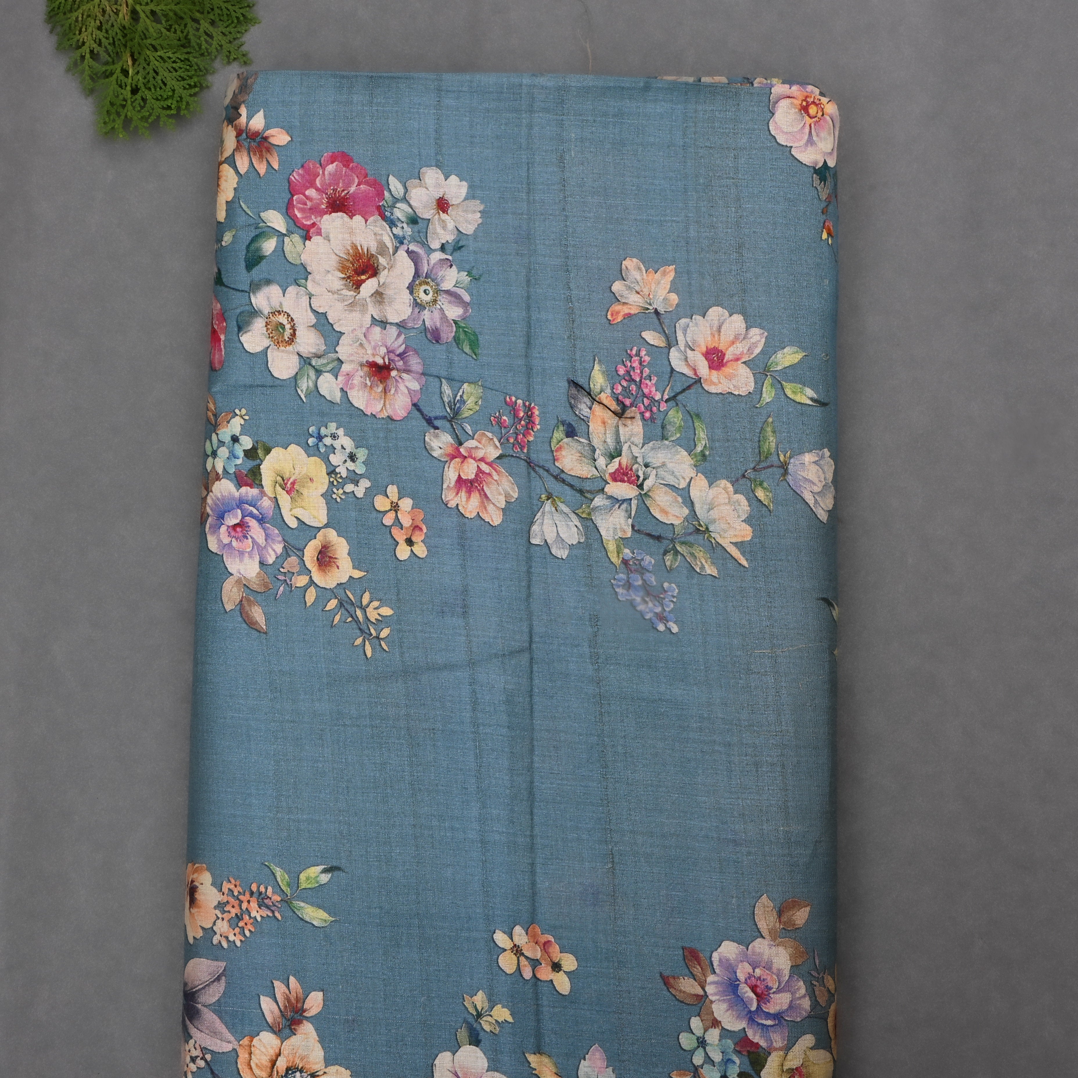 Blue Gray Tussar Fabric With Floral Prints