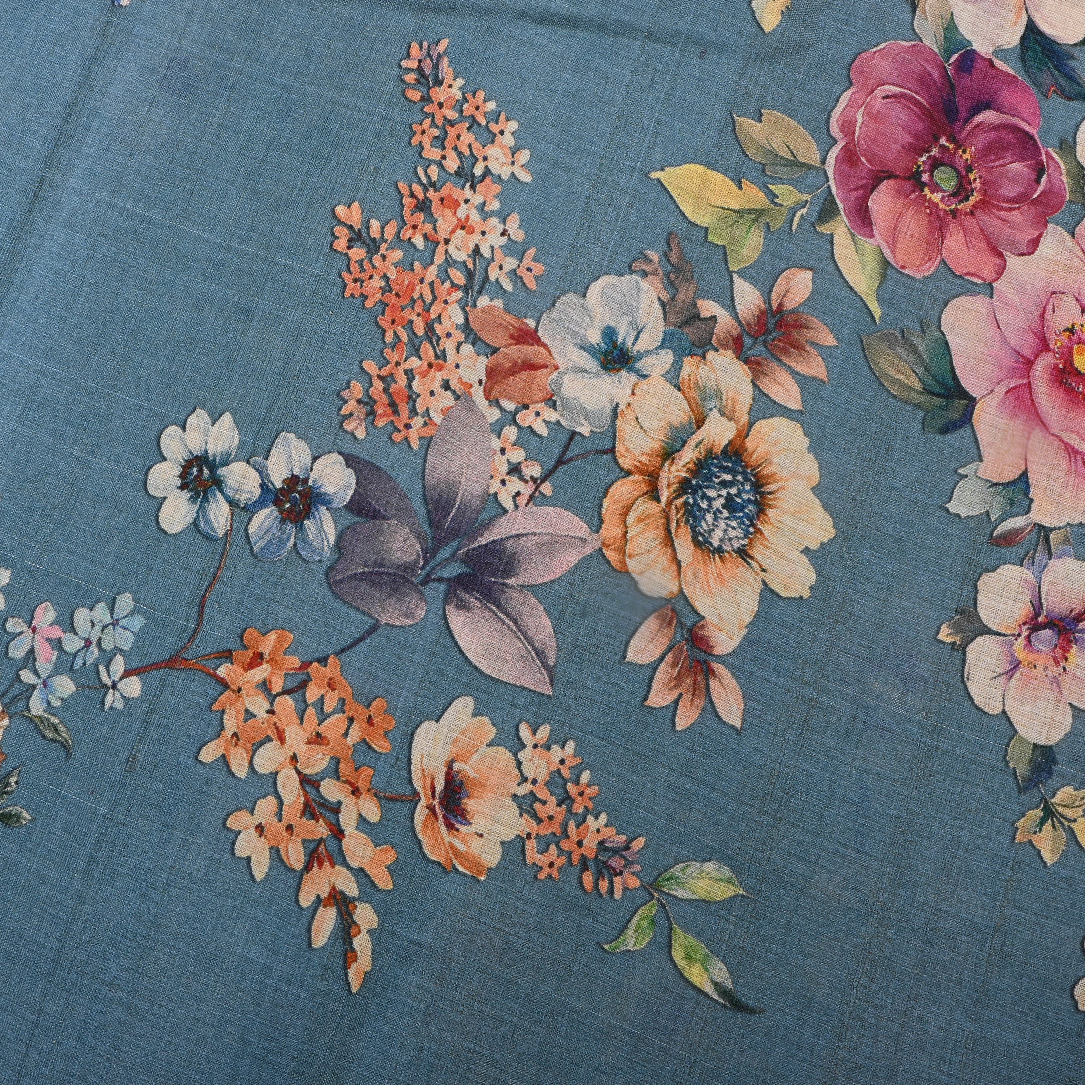 Blue Gray Tussar Fabric With Floral Prints