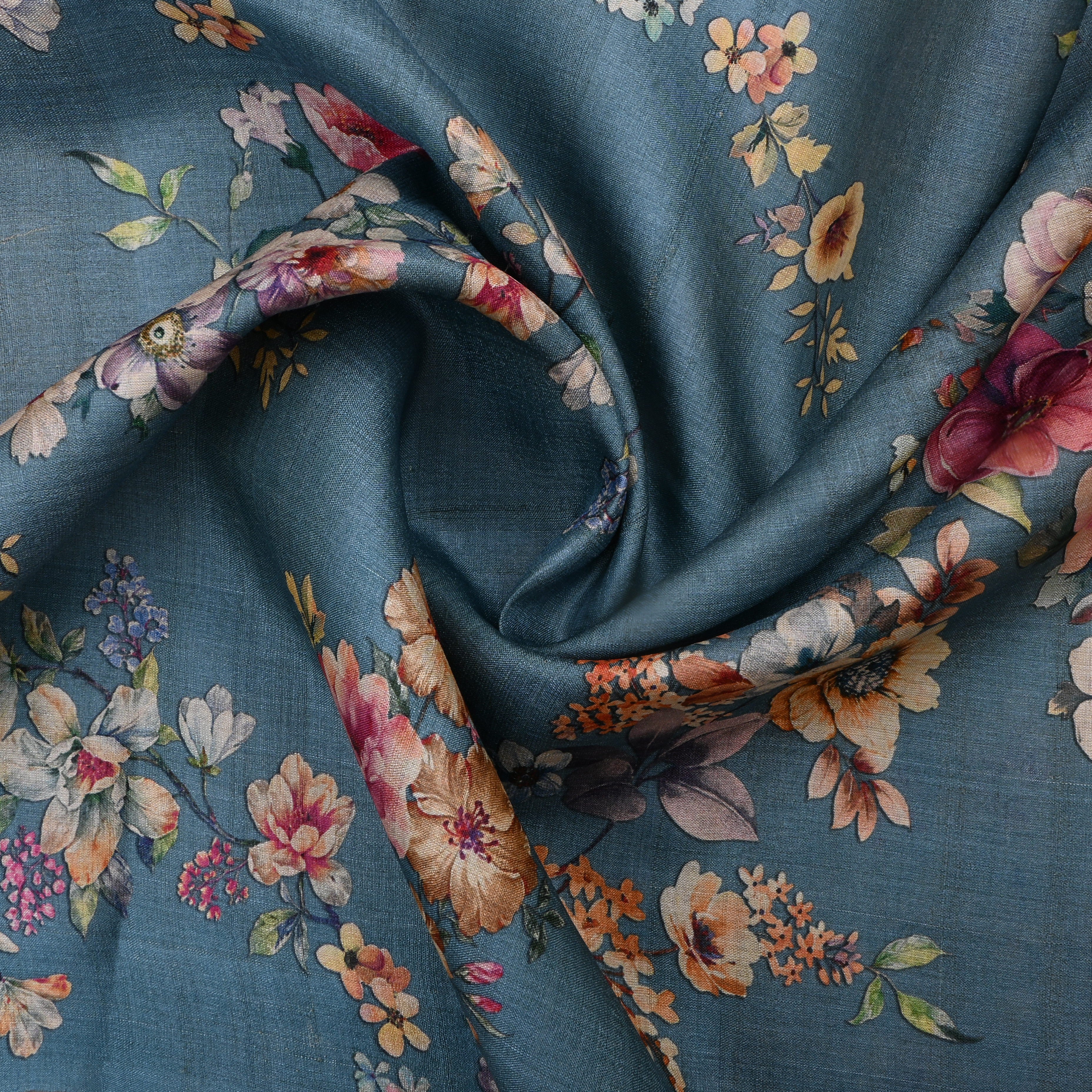 Blue Gray Tussar Fabric With Floral Prints