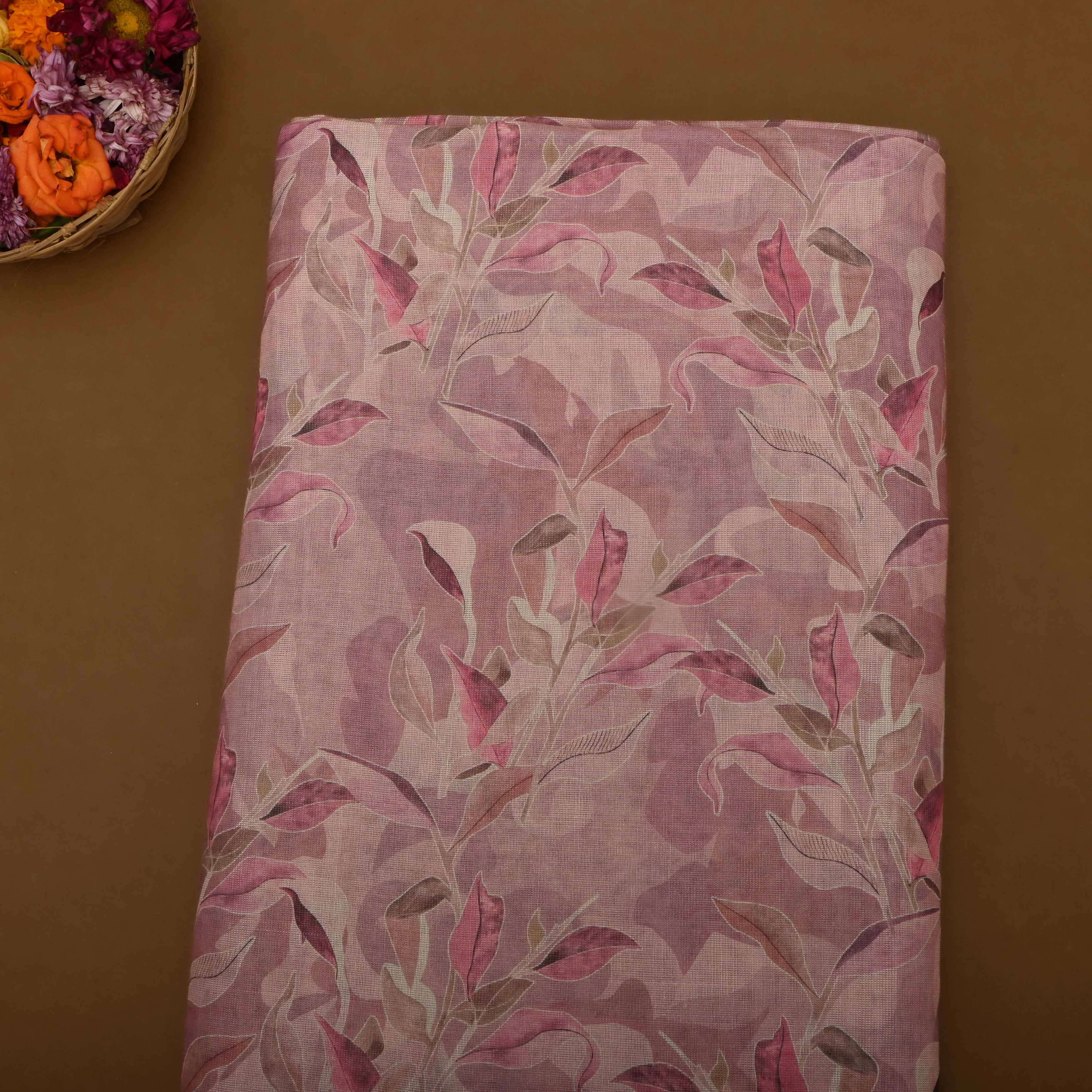 Soft Pink Tissue Fabric With Leaf Prints