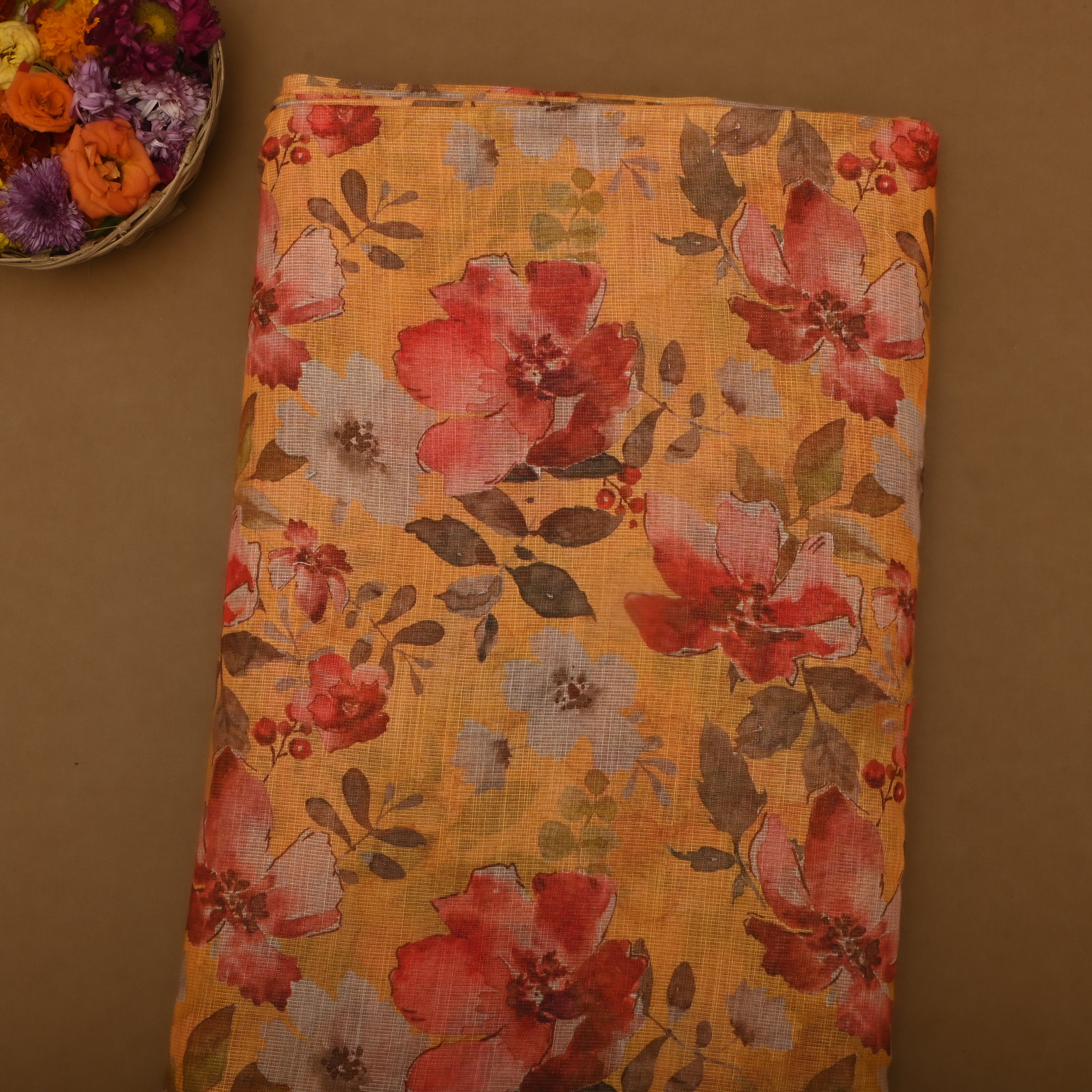 Warm Yellow Floral Printed Tissue Fabric