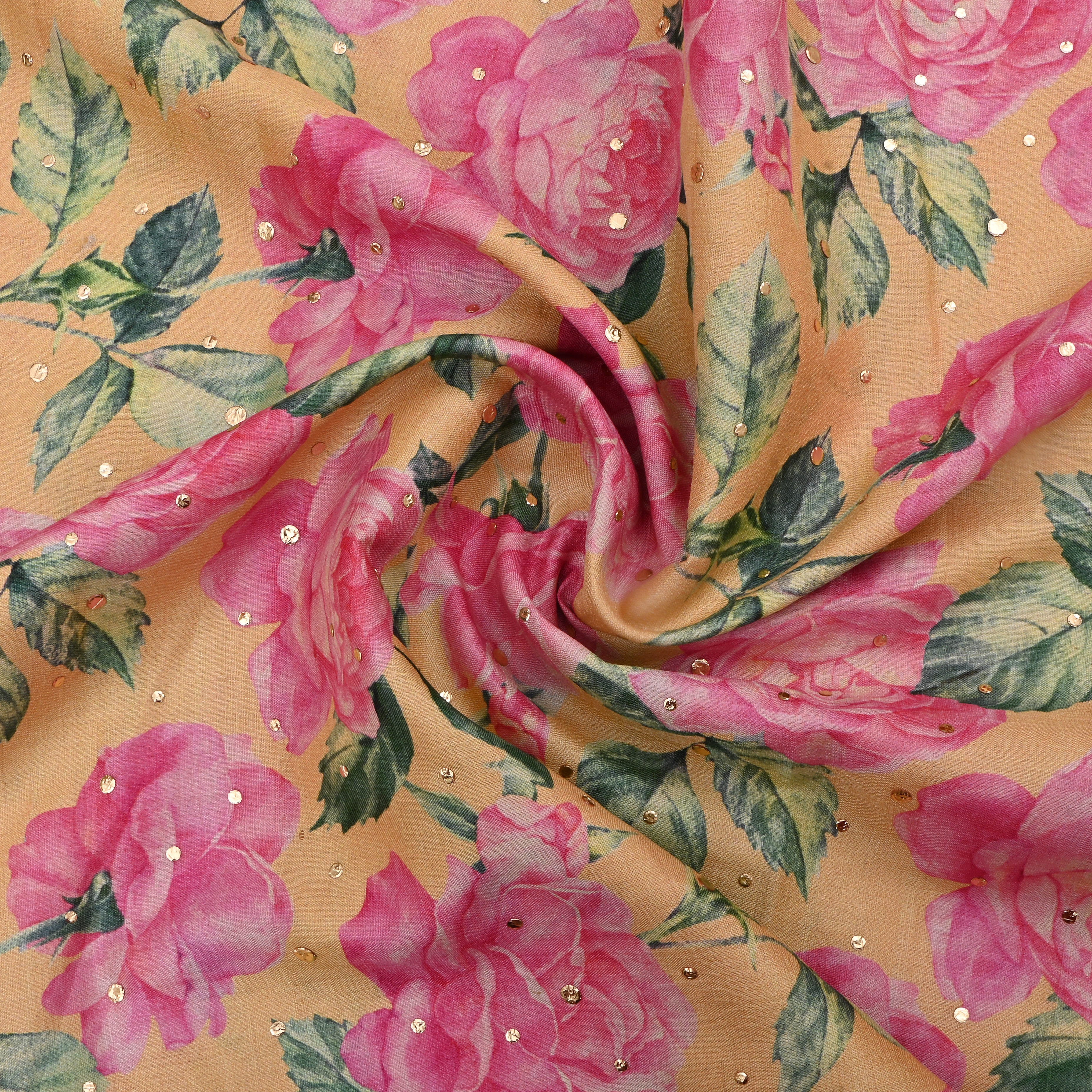 Lion Orange Tussar Fabric With Digital Print