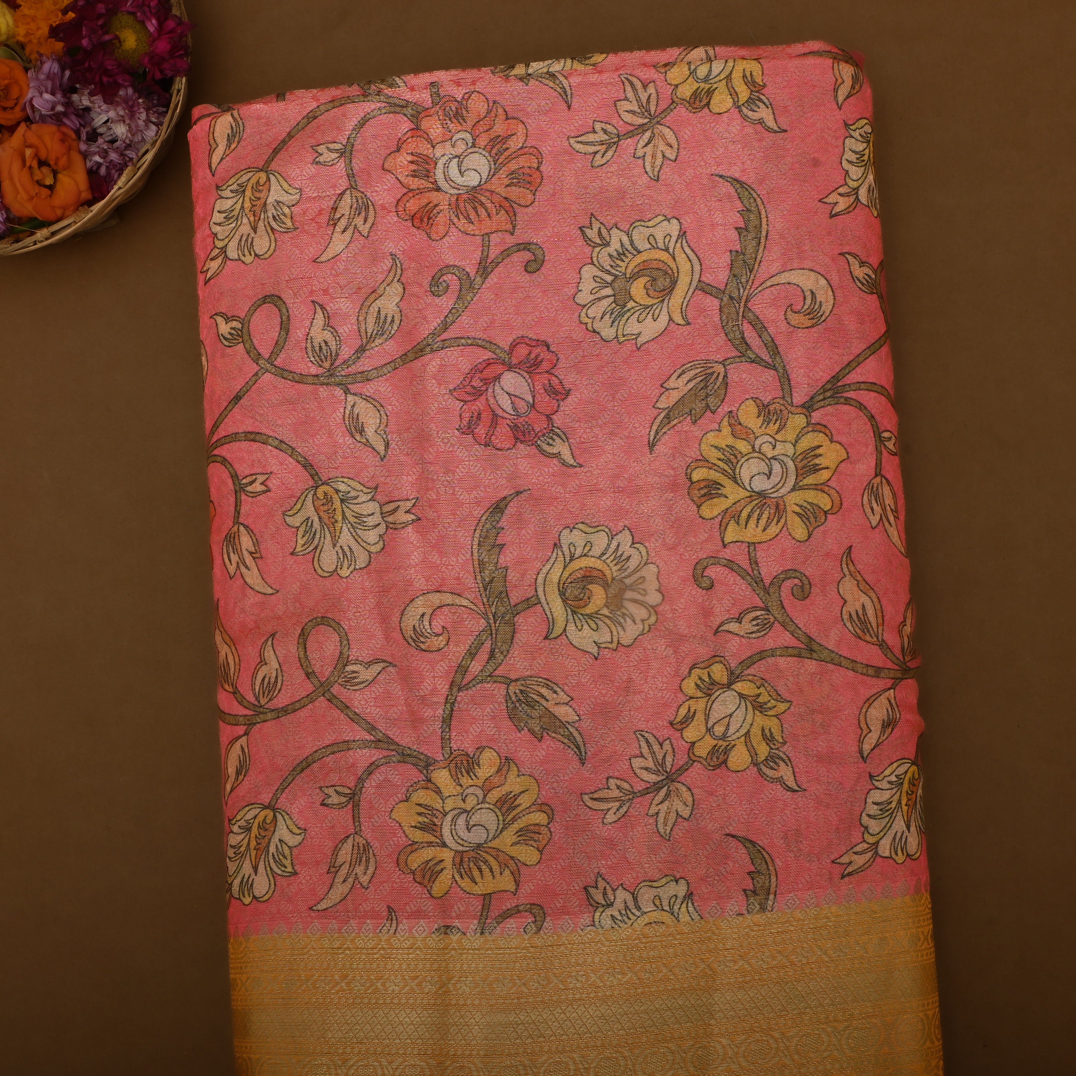 Coral Pink Tissue Fabric With Digital Prints
