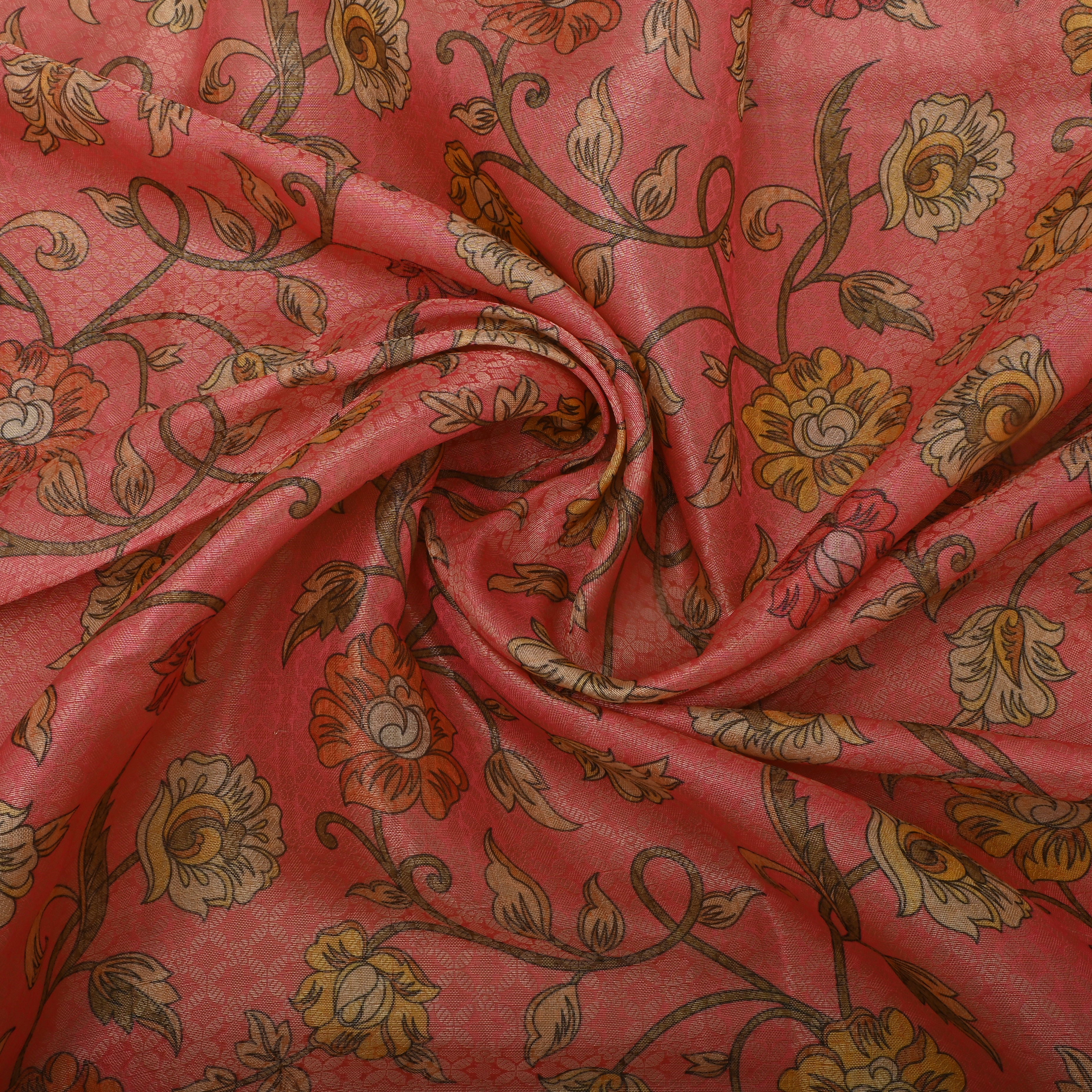 Coral Pink Tissue Fabric With Digital Prints