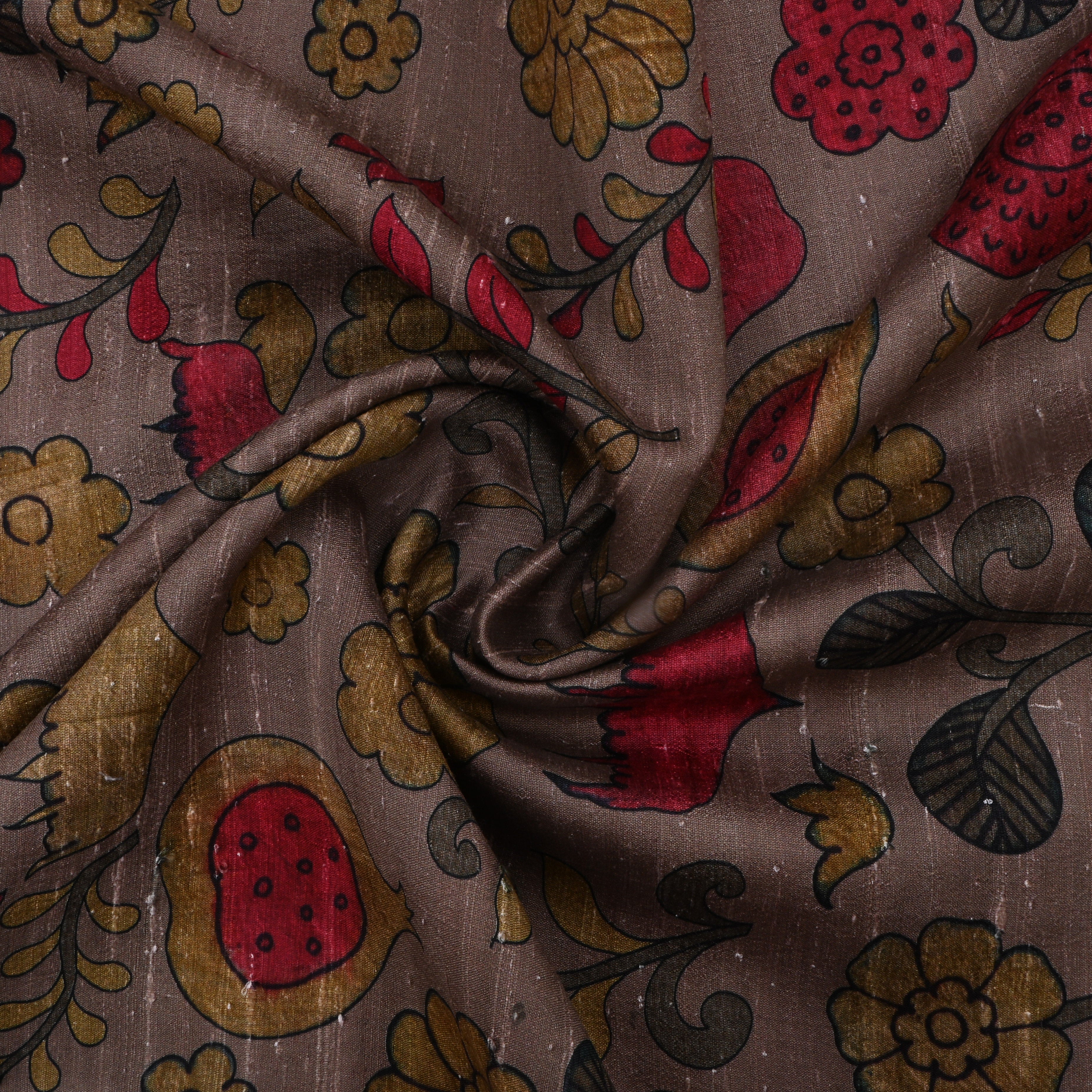 Medium Brown Dupion Fabric With Digital Print