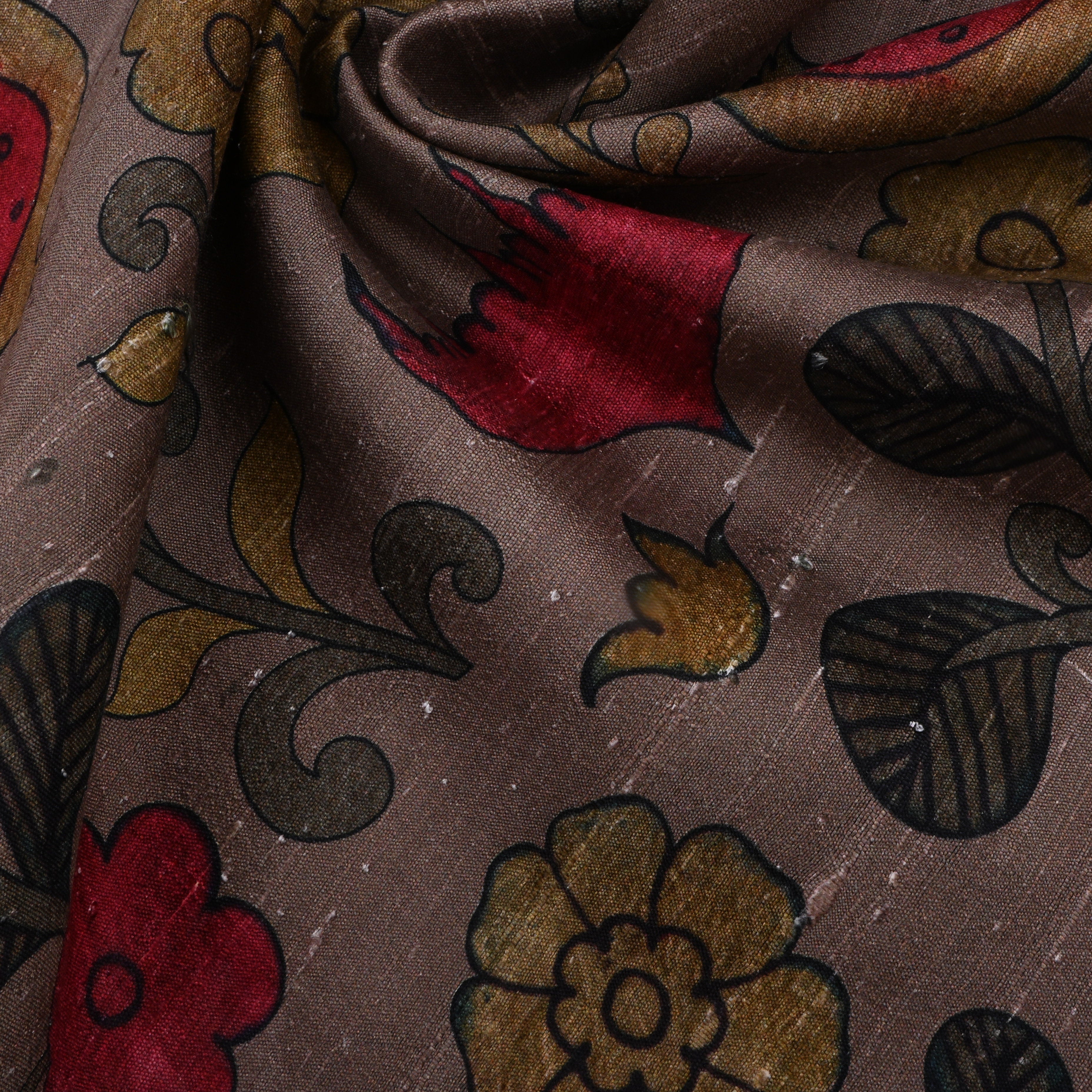 Medium Brown Dupion Fabric With Digital Print