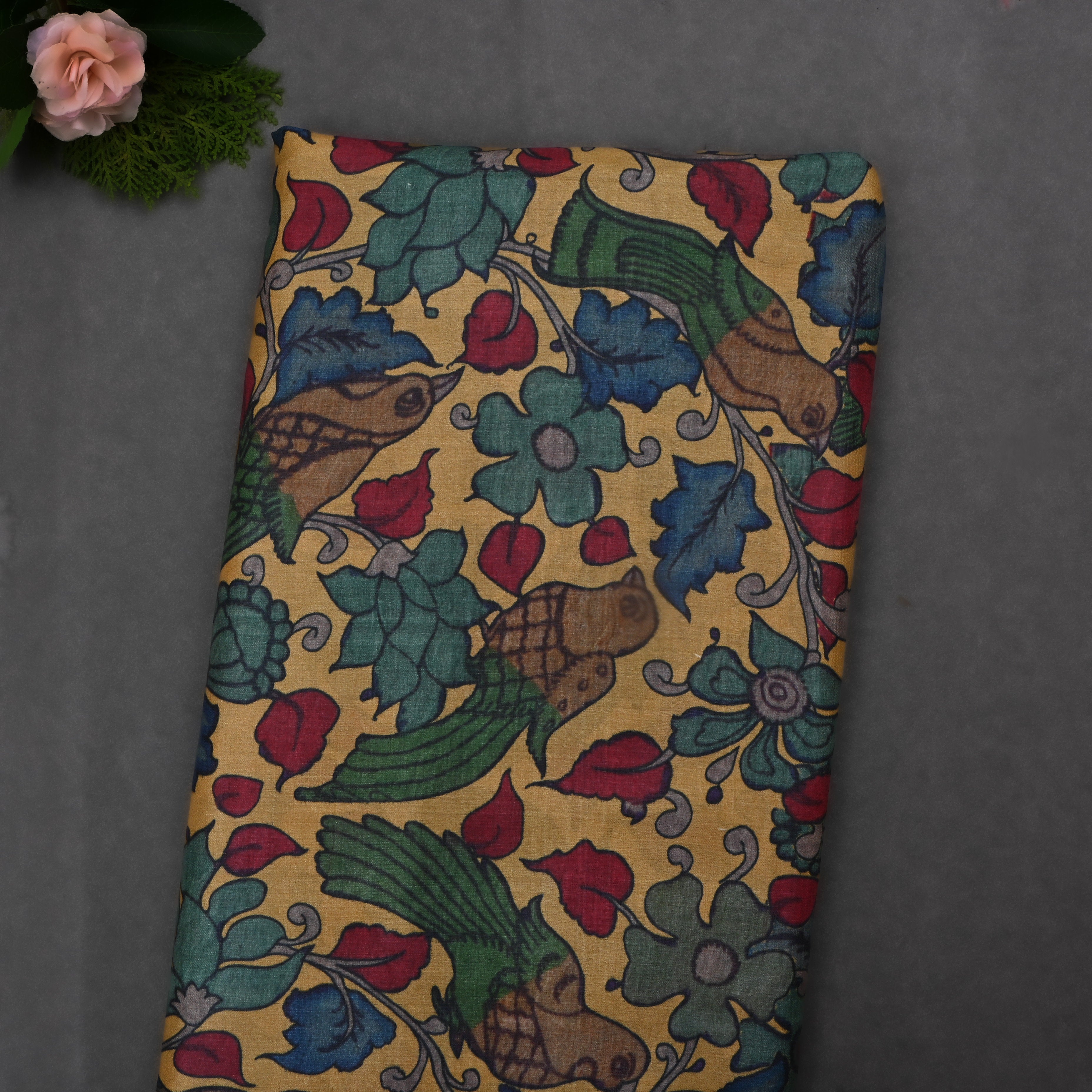 Coffee Orange Tussar Fabric With Printed Design