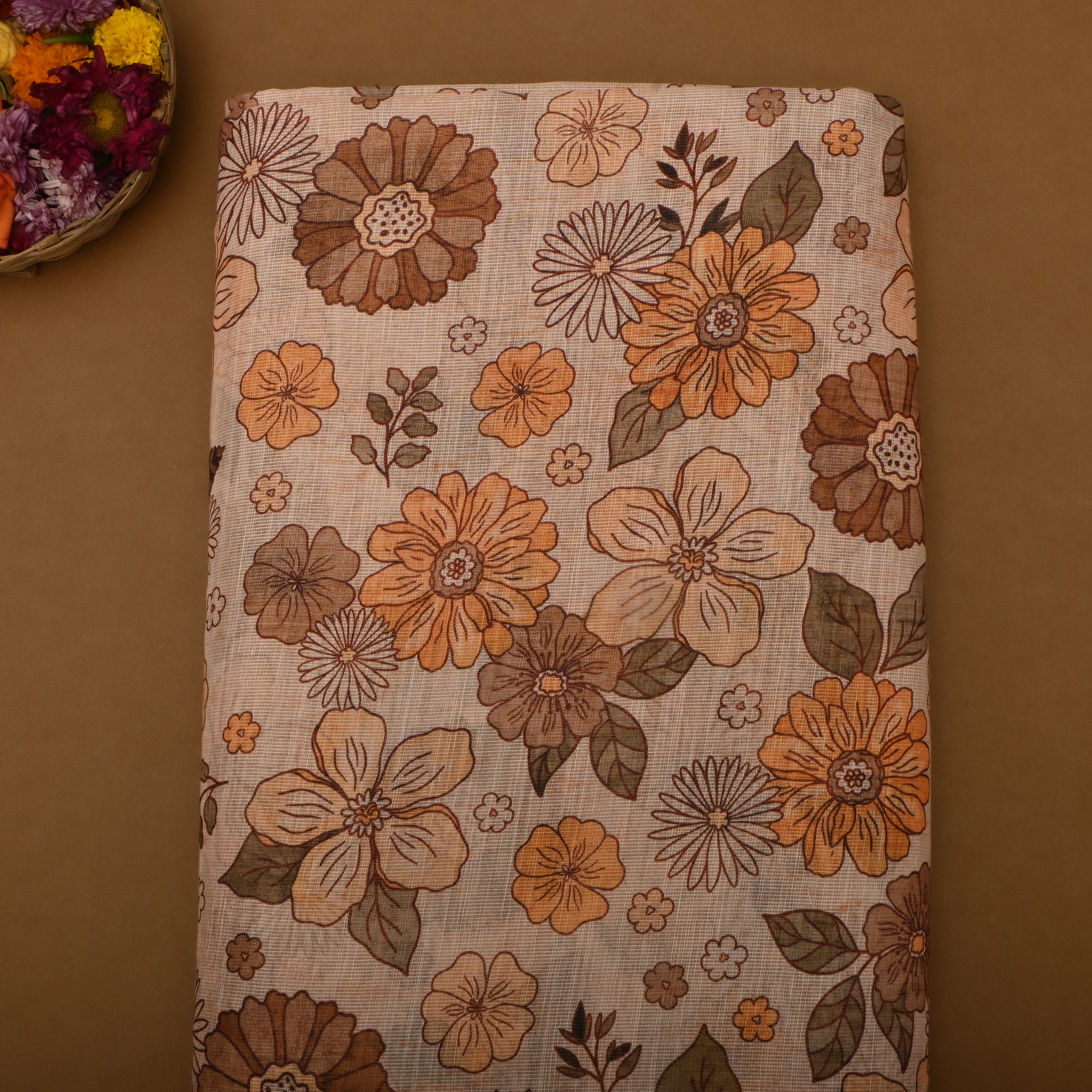 Beige Tissue Fabric With Prints