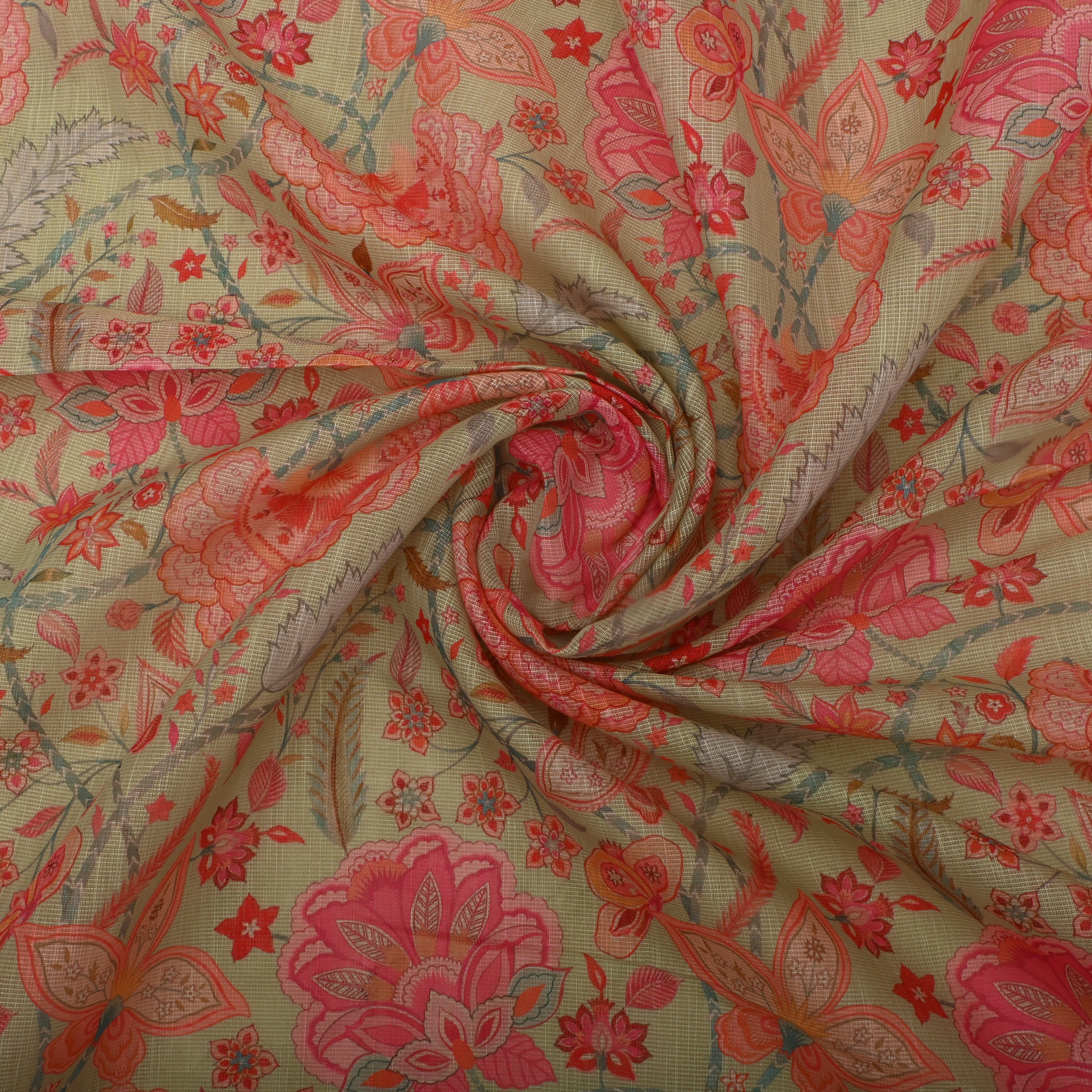 Pastel Cream Floral Printed Tissue Fabric