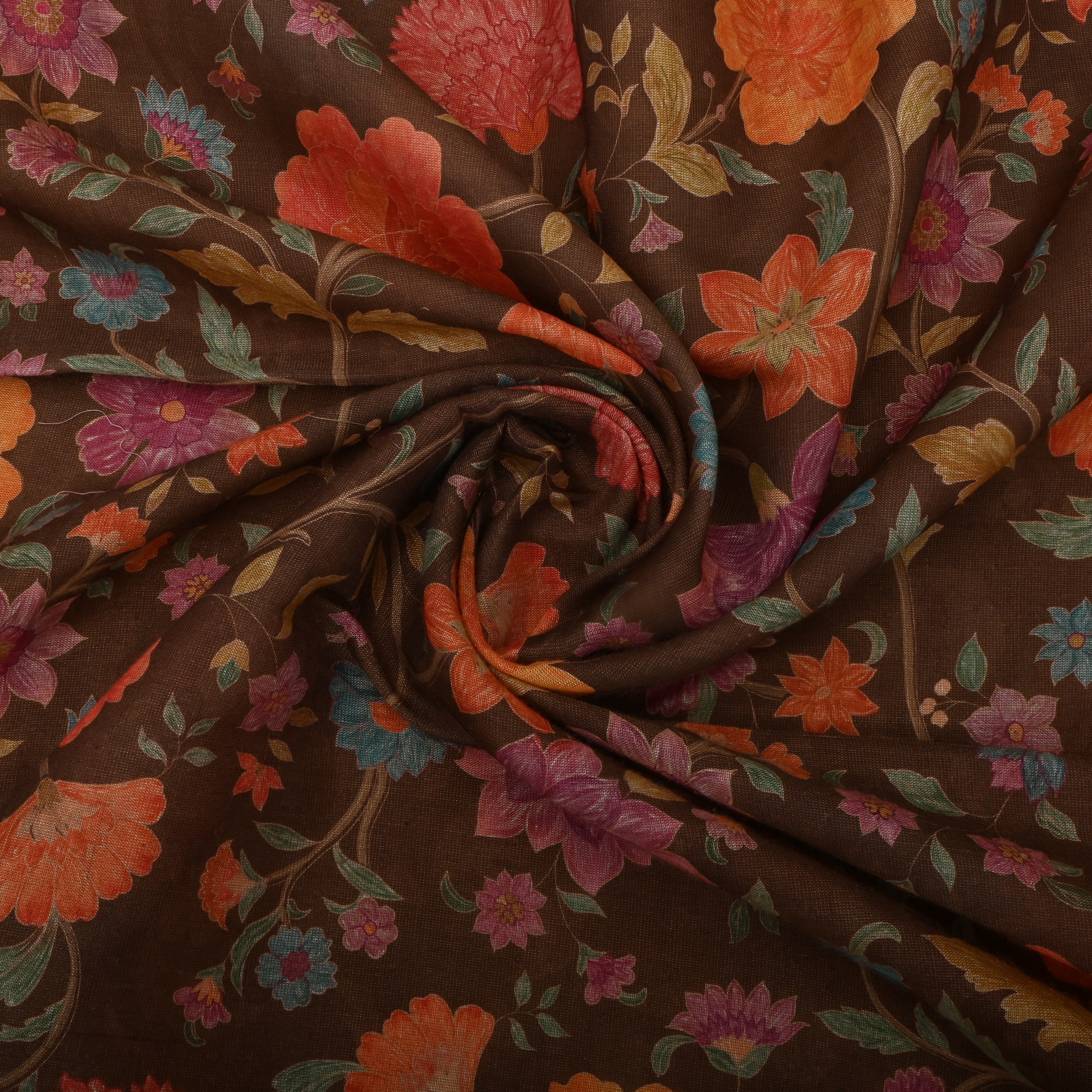 Dark Brown Tissue Fabric With Floral Prints