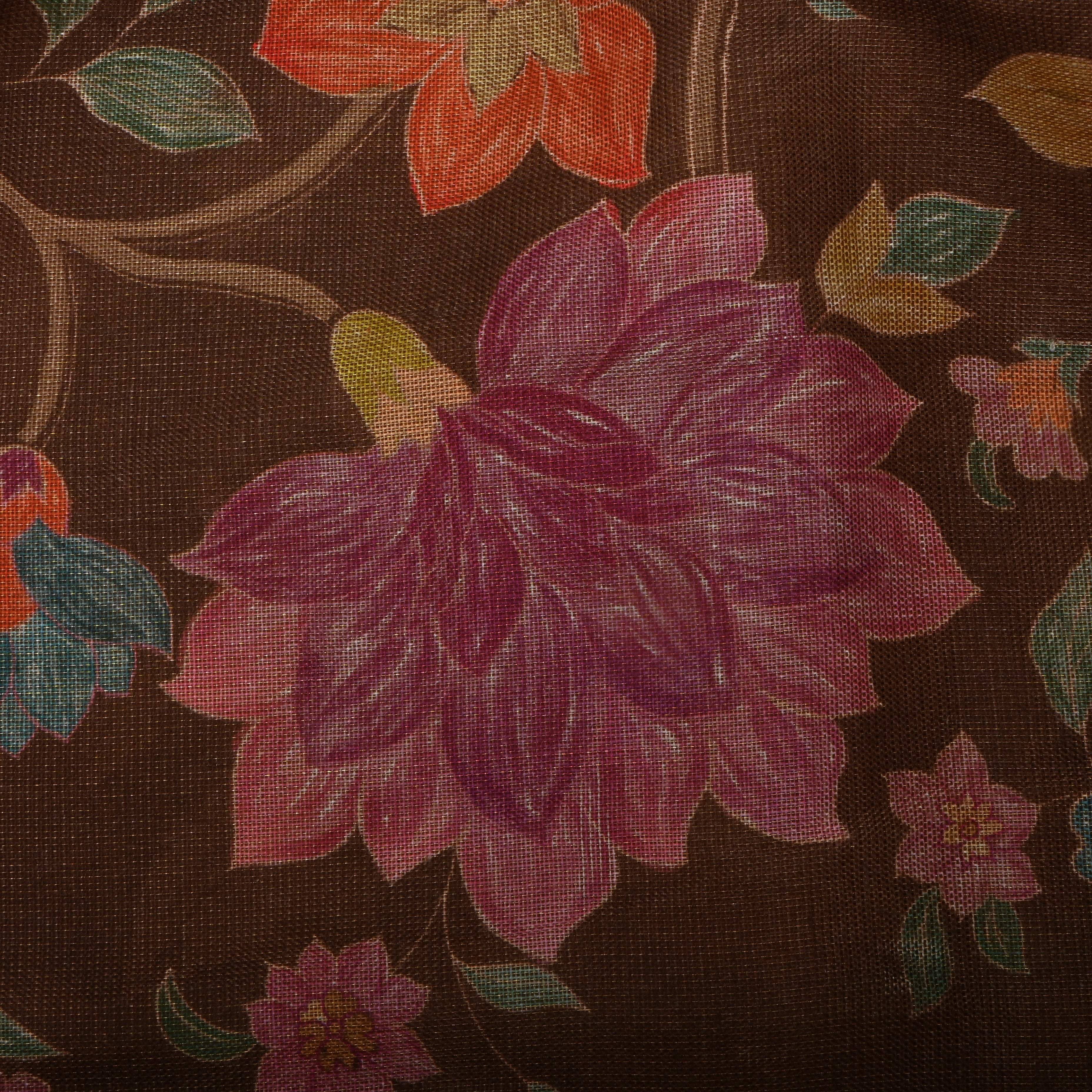 Dark Brown Tissue Fabric With Floral Prints