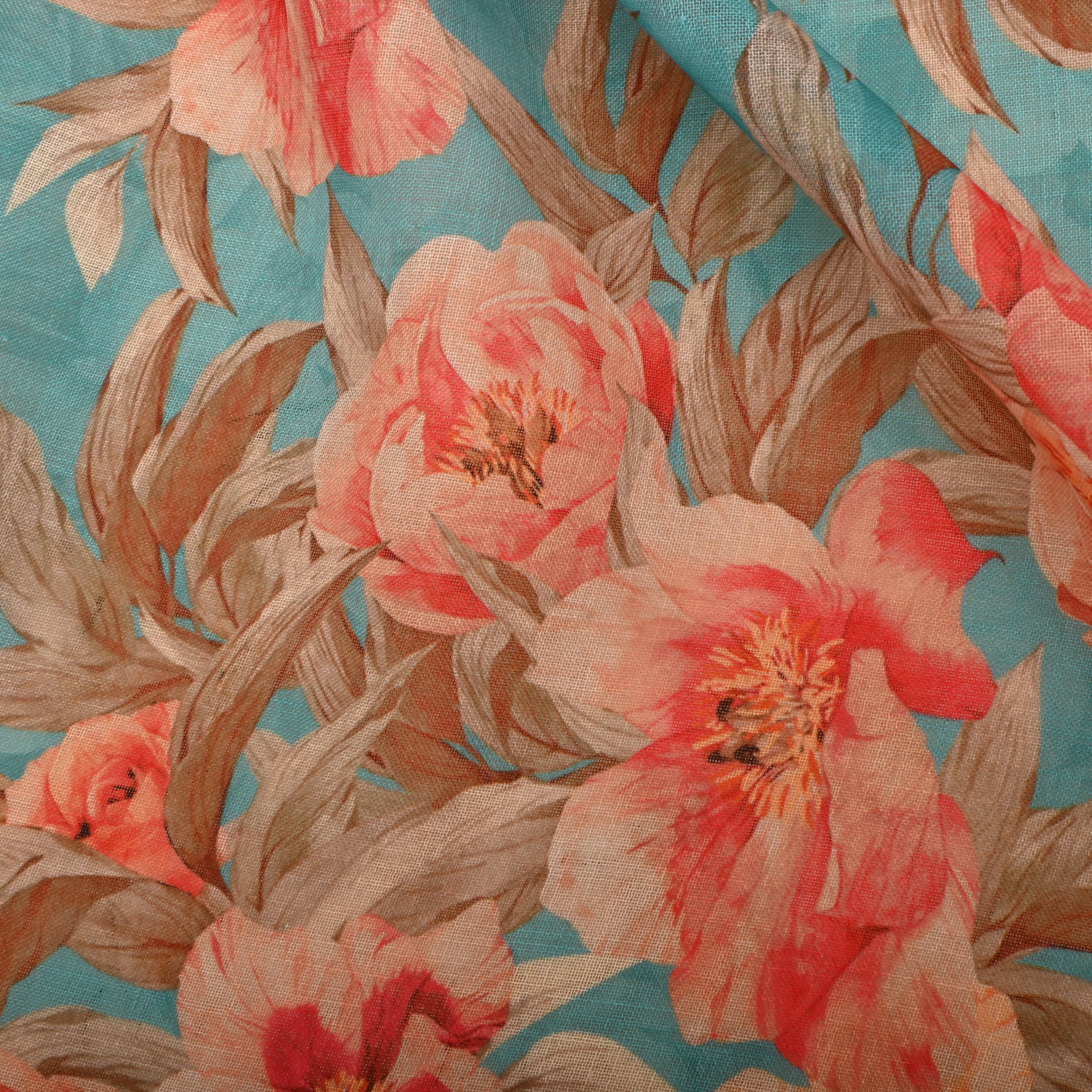 Blue Hosta Linen Fabric With Printed Design