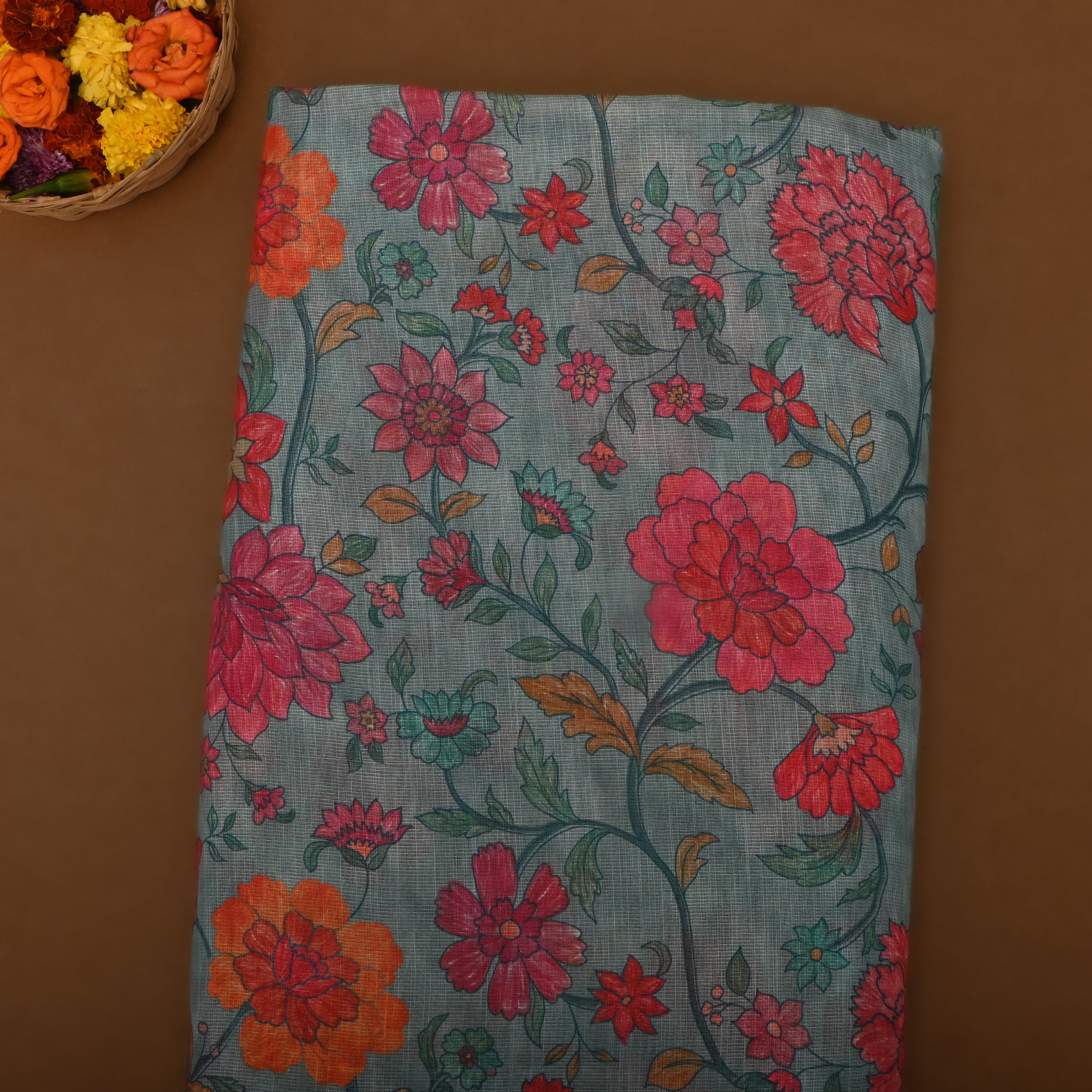 Sky Blue Floral Printed Tissue Fabric