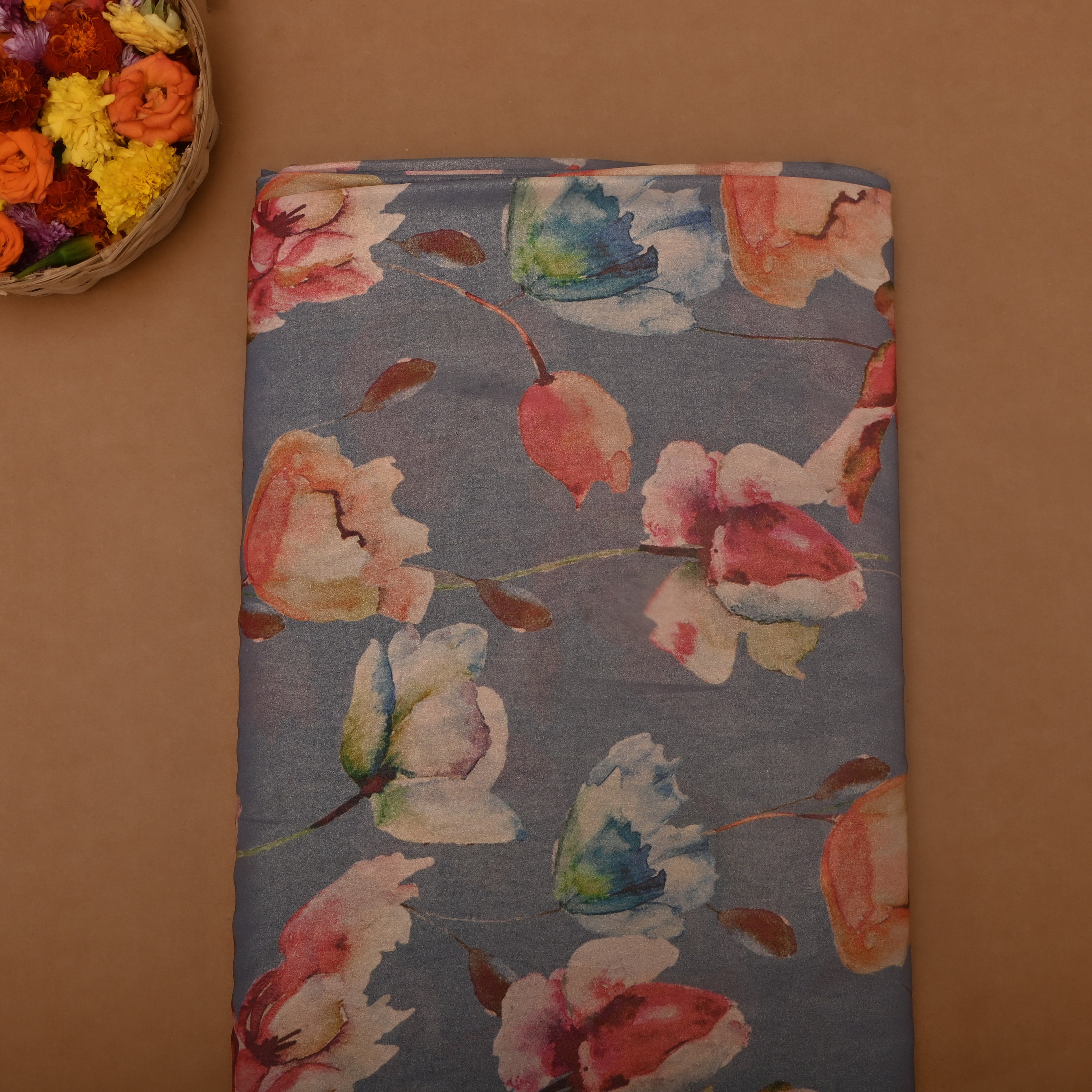 Grey Tissue Fabric With Floral Print