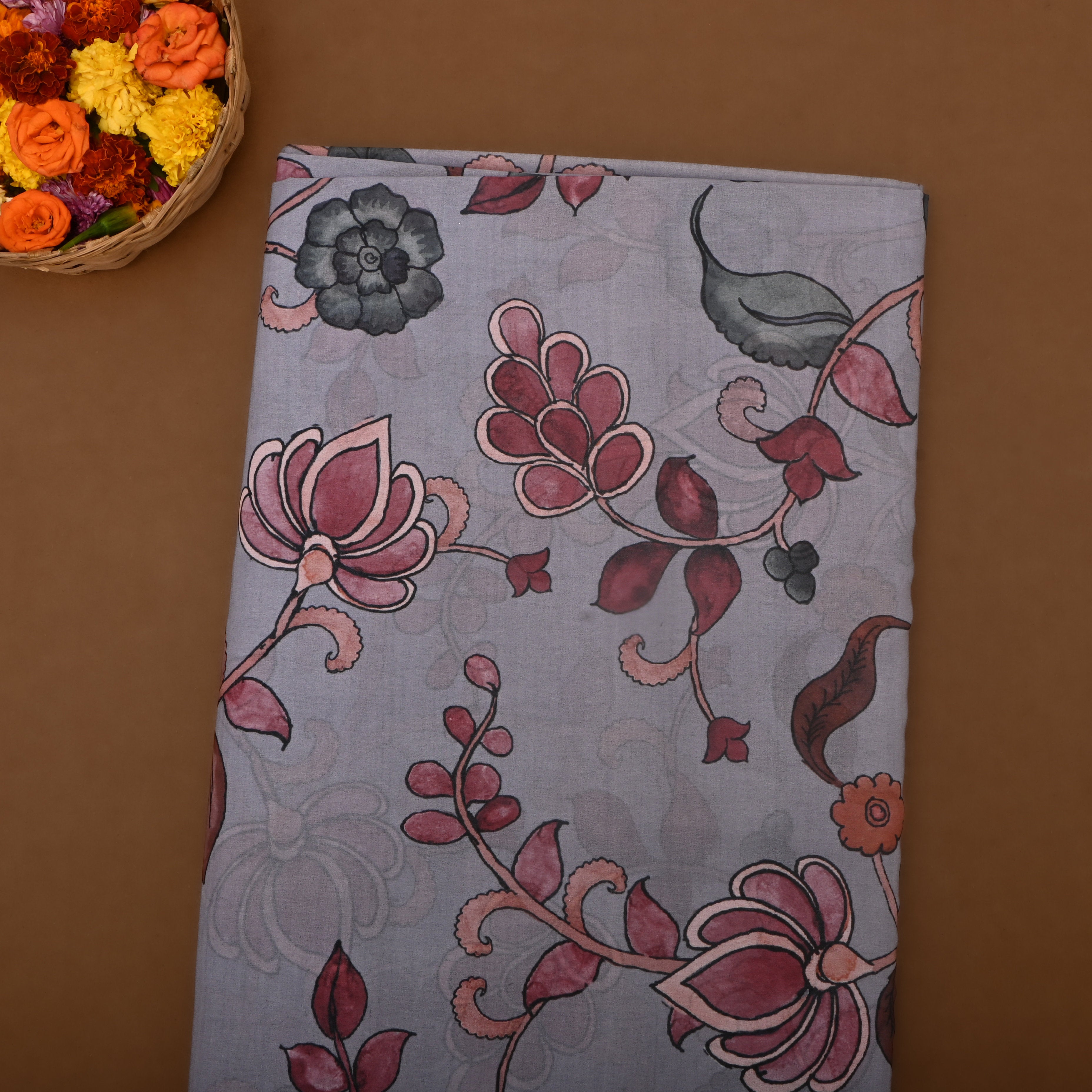 Gray Chateau Floral Jaal Tissue Fabric