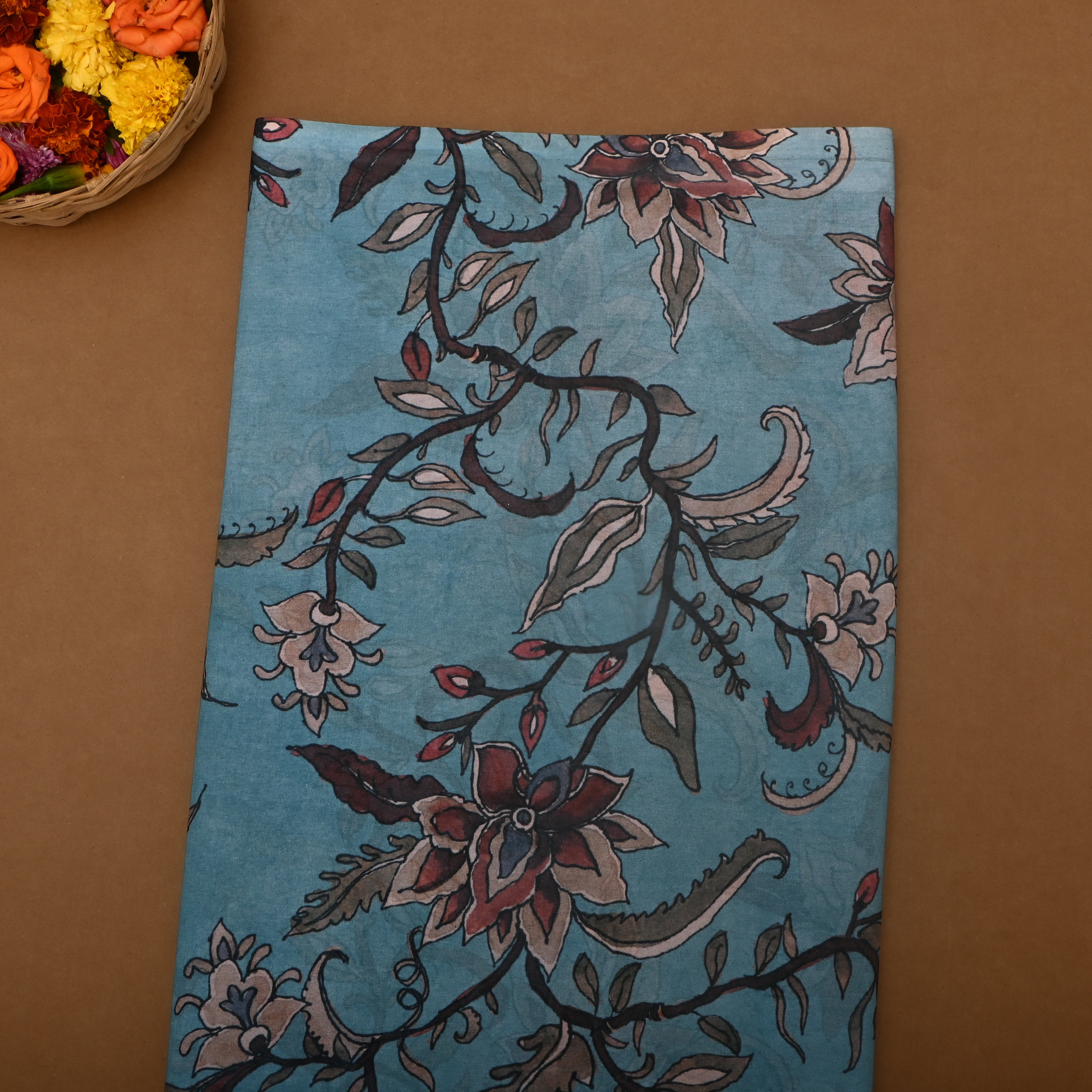 Grey Blue Silk Fabric With Digital Prints