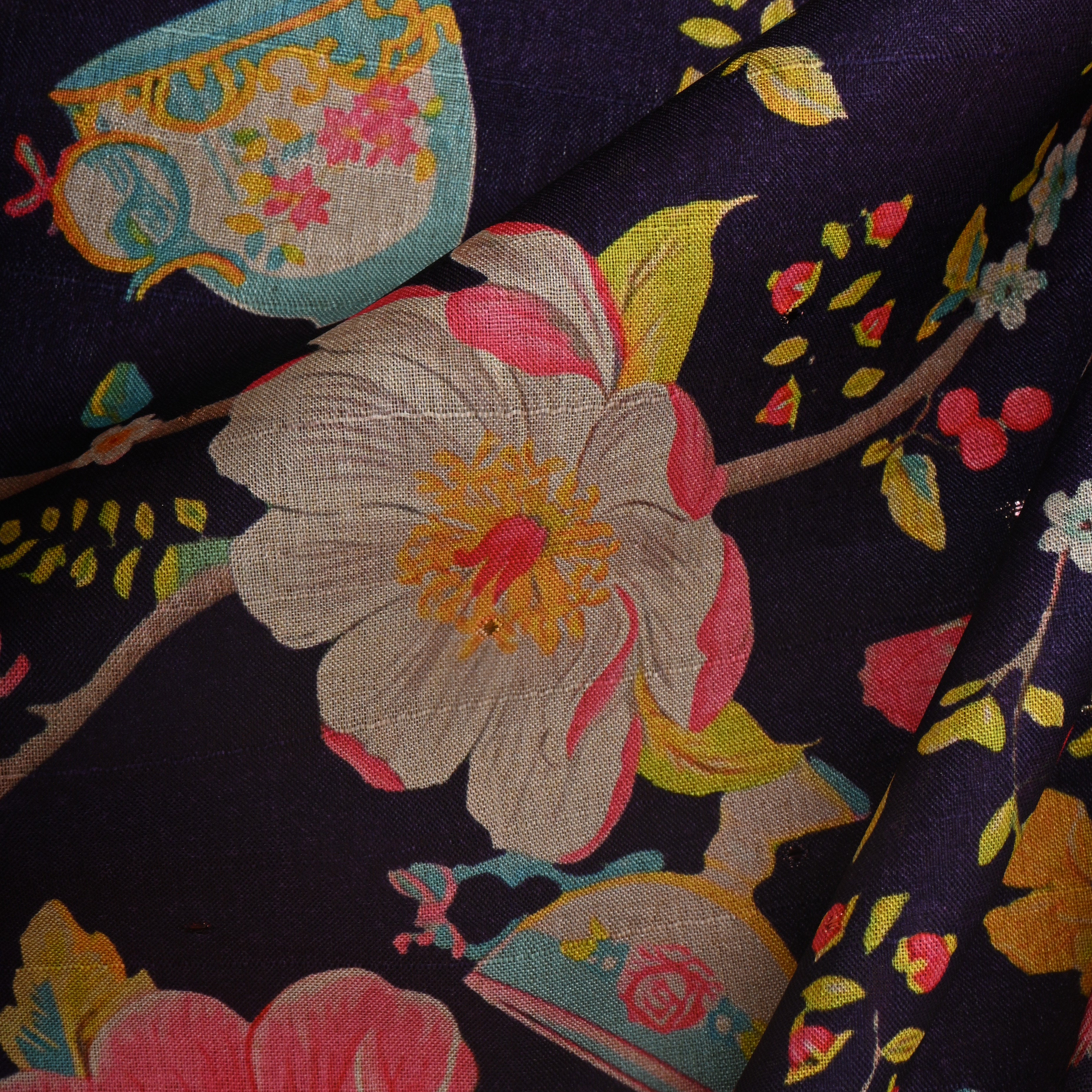 Deep Violet Tussar Fabric With Floral Prints