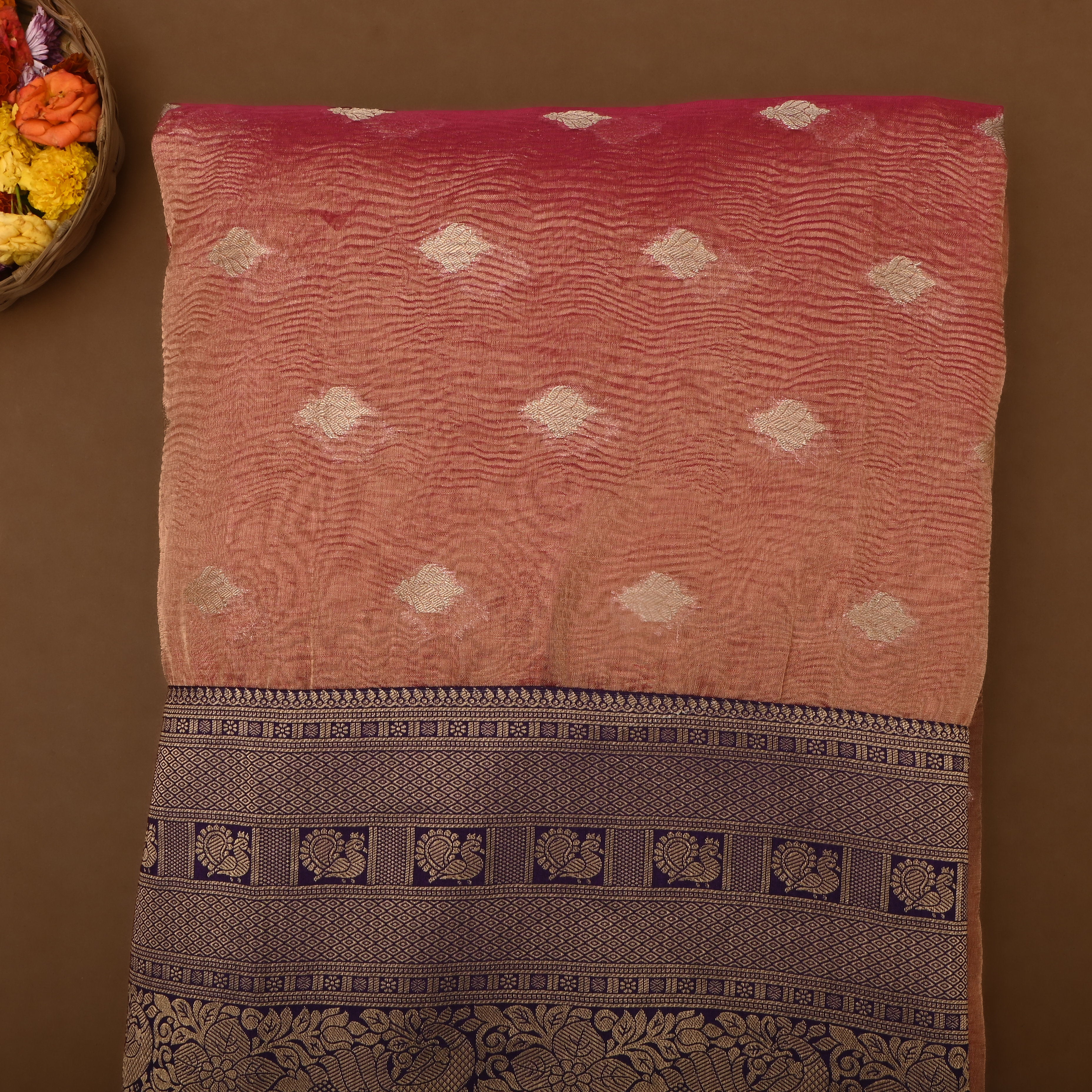 Salmon Peach Jamawar Tissue Fabric With Contrast Border