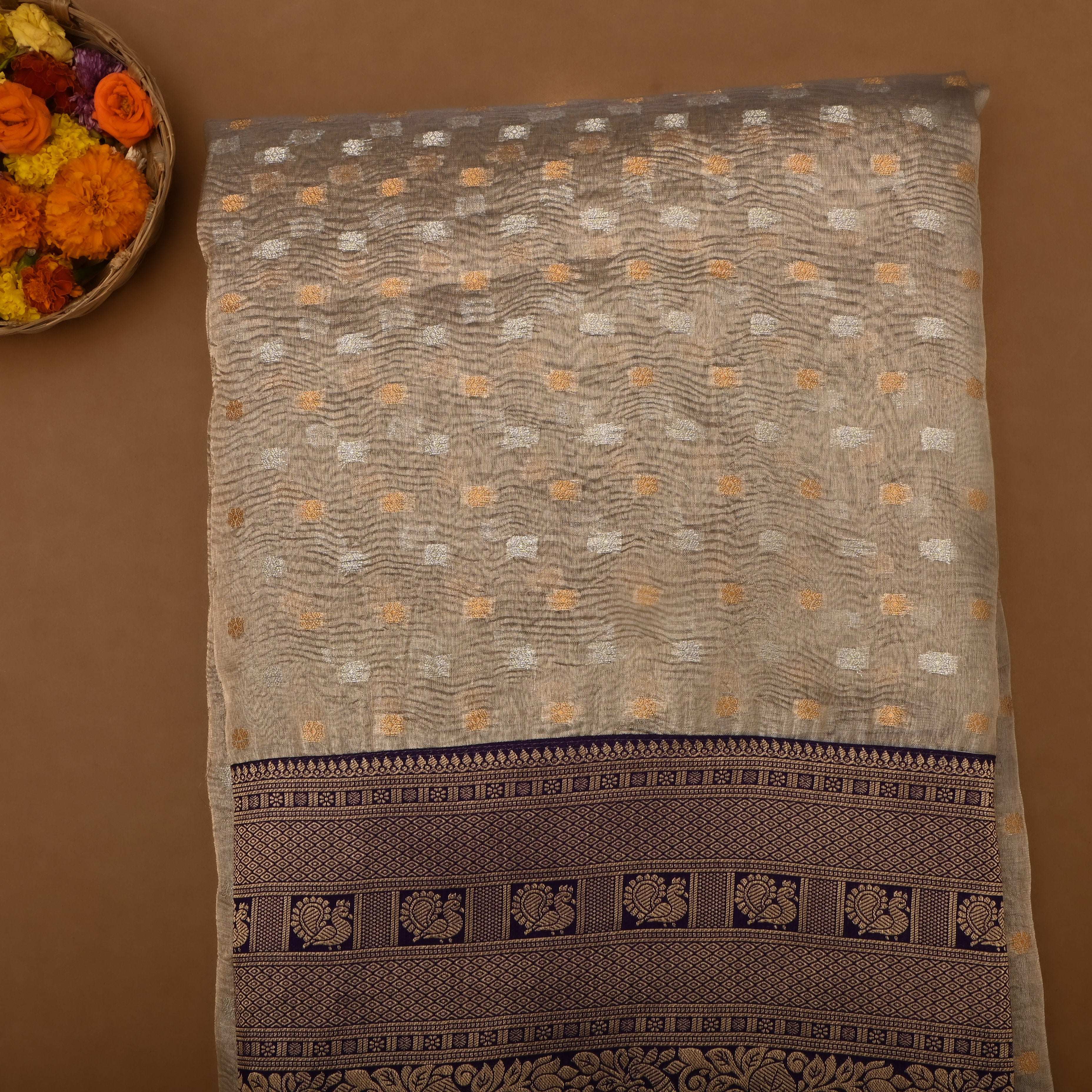 Almond Beige Jamawar Tissue Fabric With Contrast Border