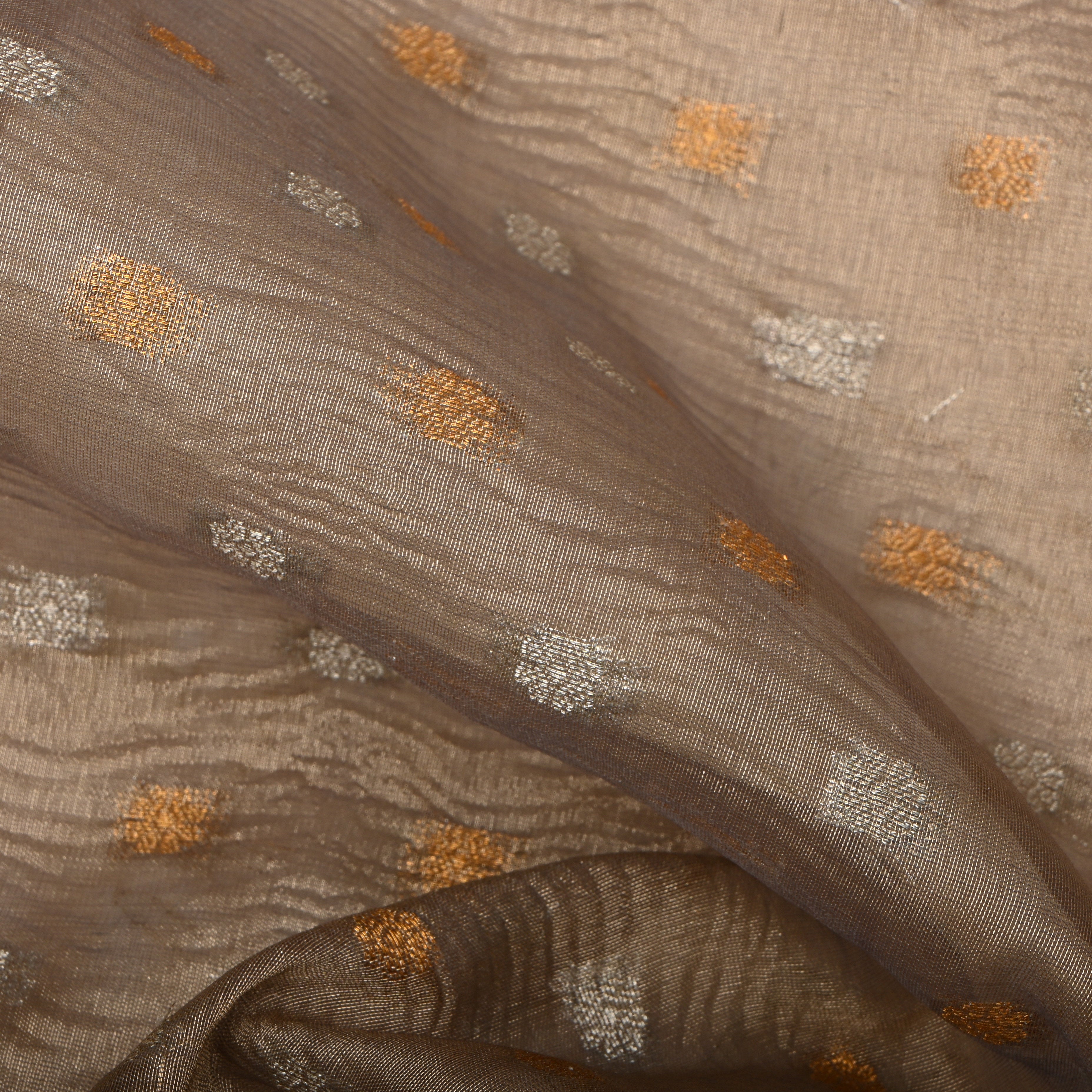 Almond Beige Jamawar Tissue Fabric With Contrast Border