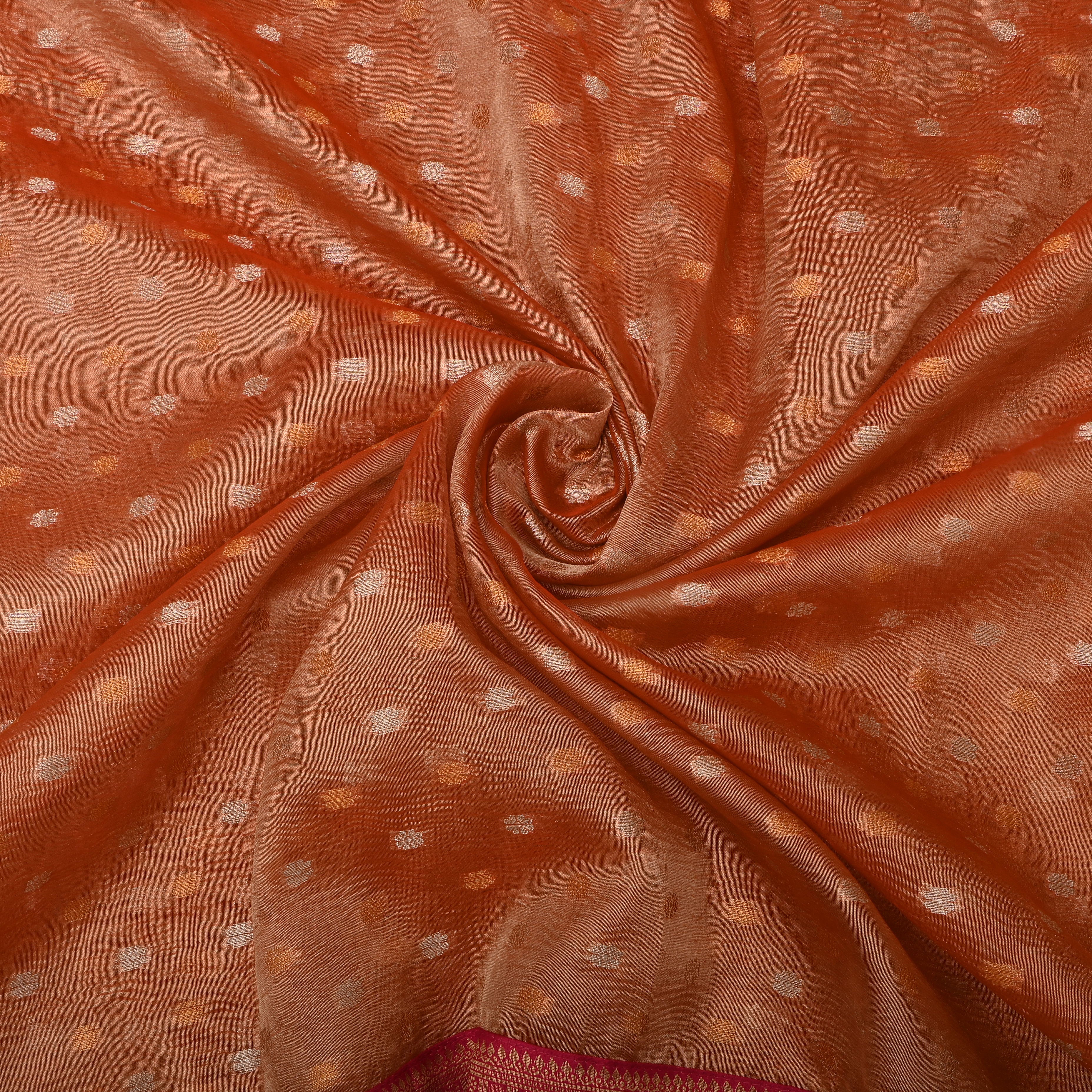 Light Salmon Jamawar Tissue Fabric With Contrast Border