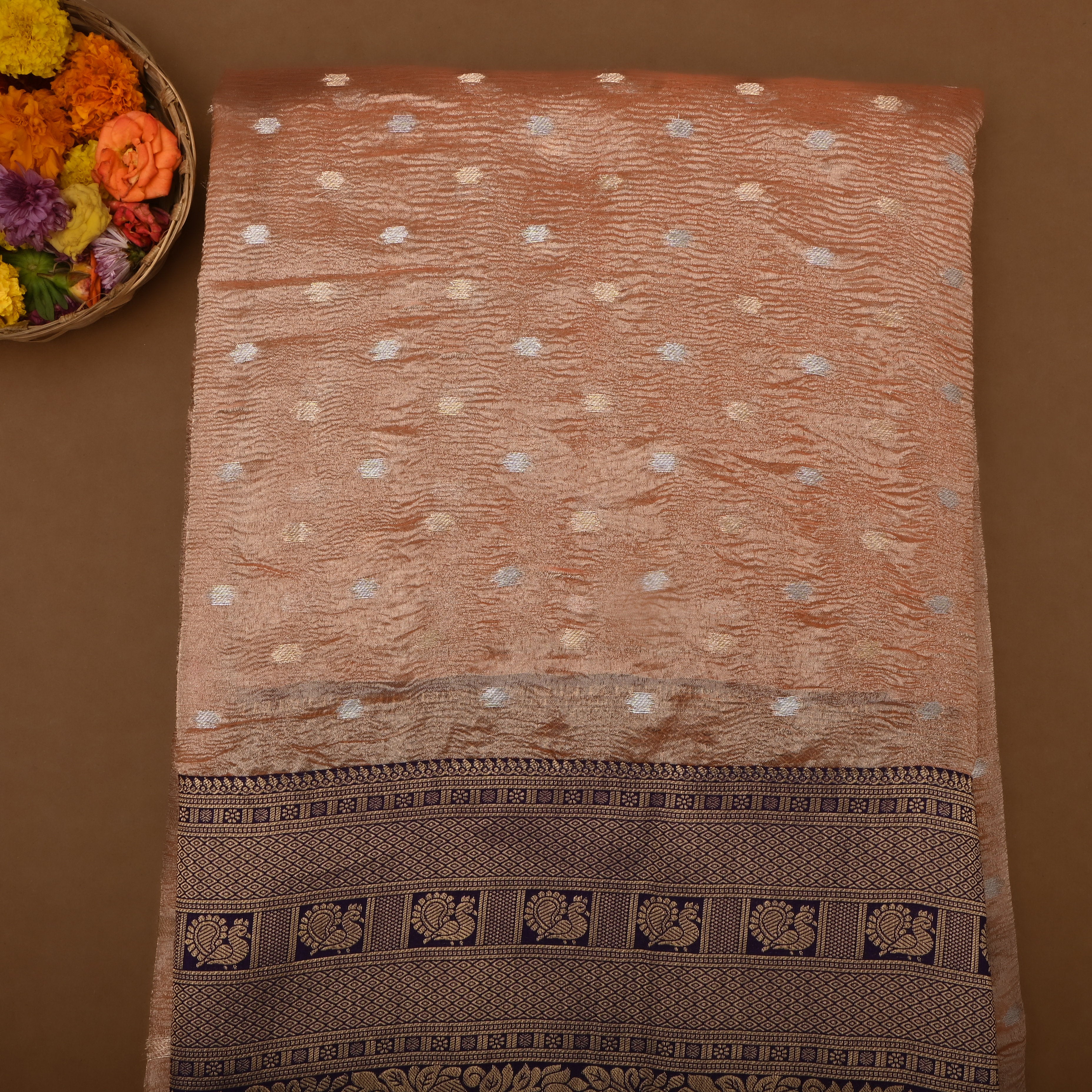 Peach Kanchi Zari Motifs Border Jamawar Tissue Fabric