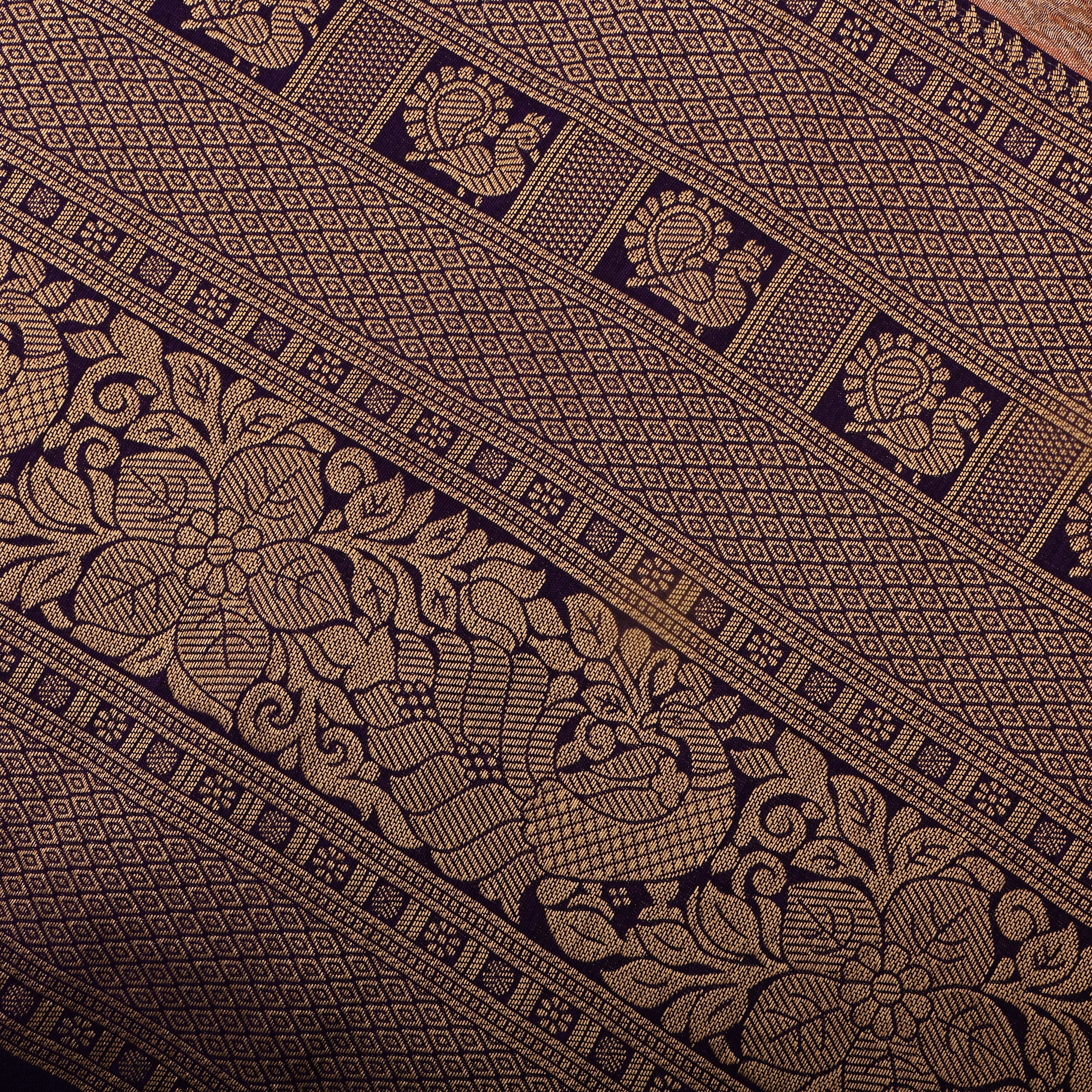 Peach Kanchi Zari Motifs Border Jamawar Tissue Fabric