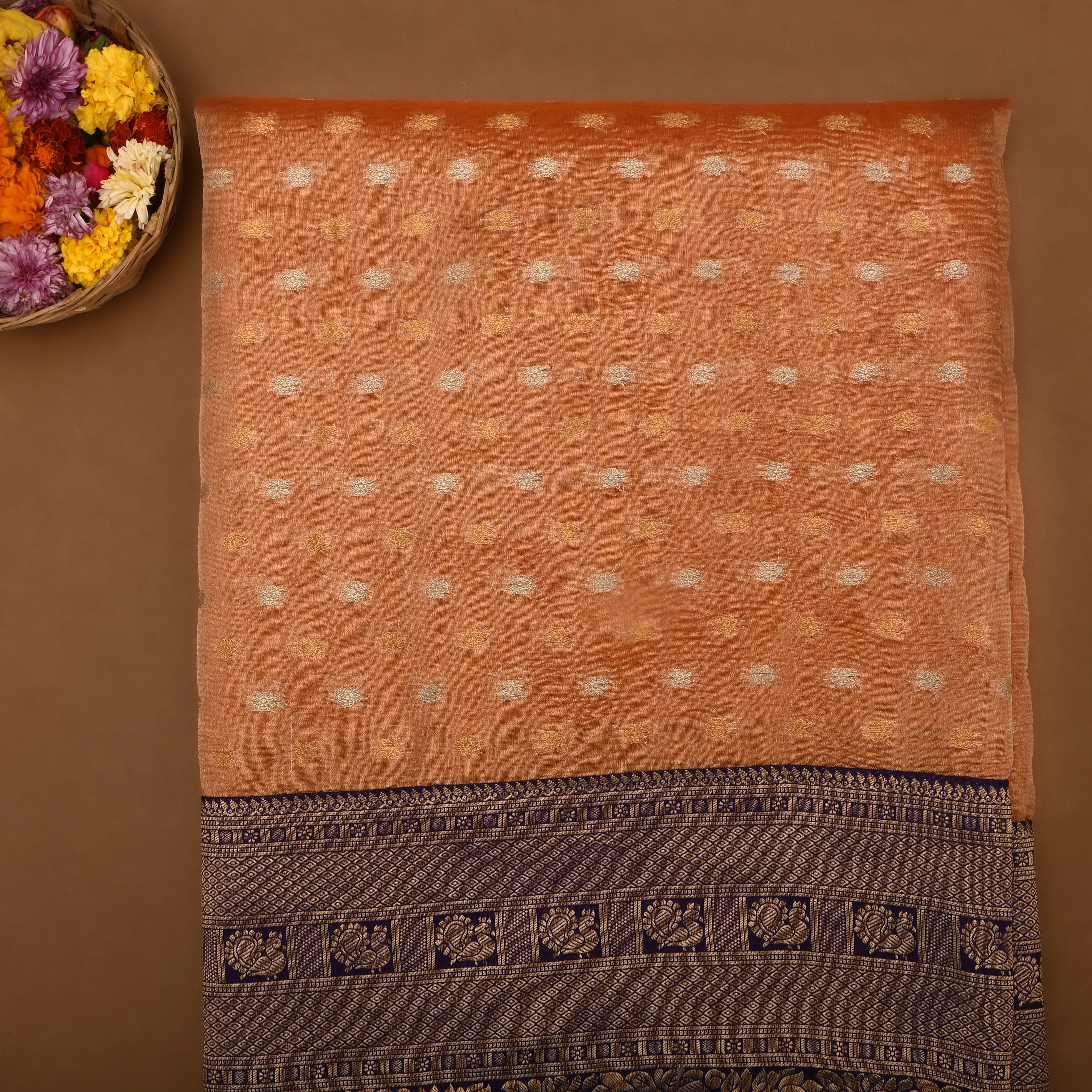 Terracotta Brown Kanjivaram Zari Motifs Border Jamawar Tissue Fabric