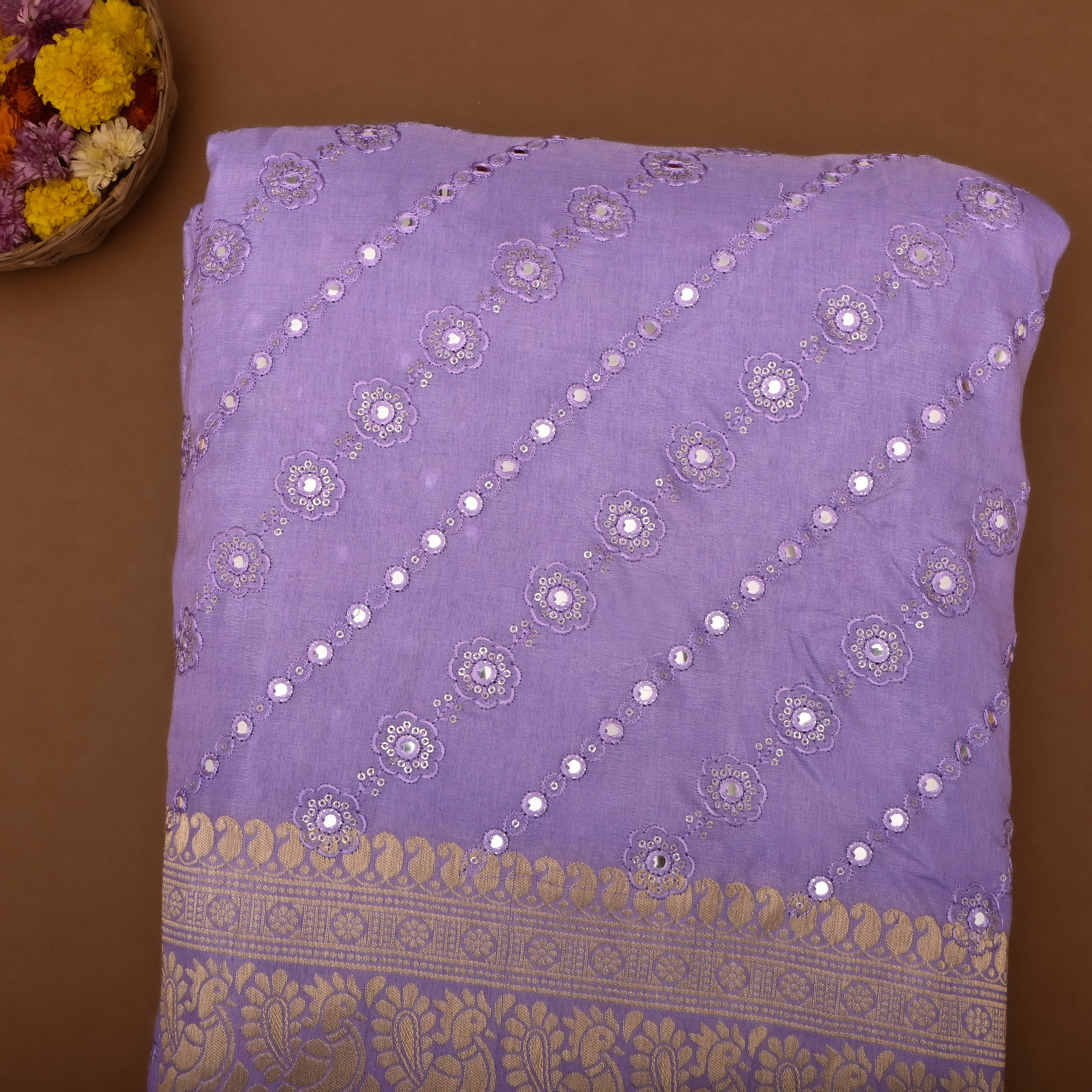 Lavender Silk Fabric With Mirror Work