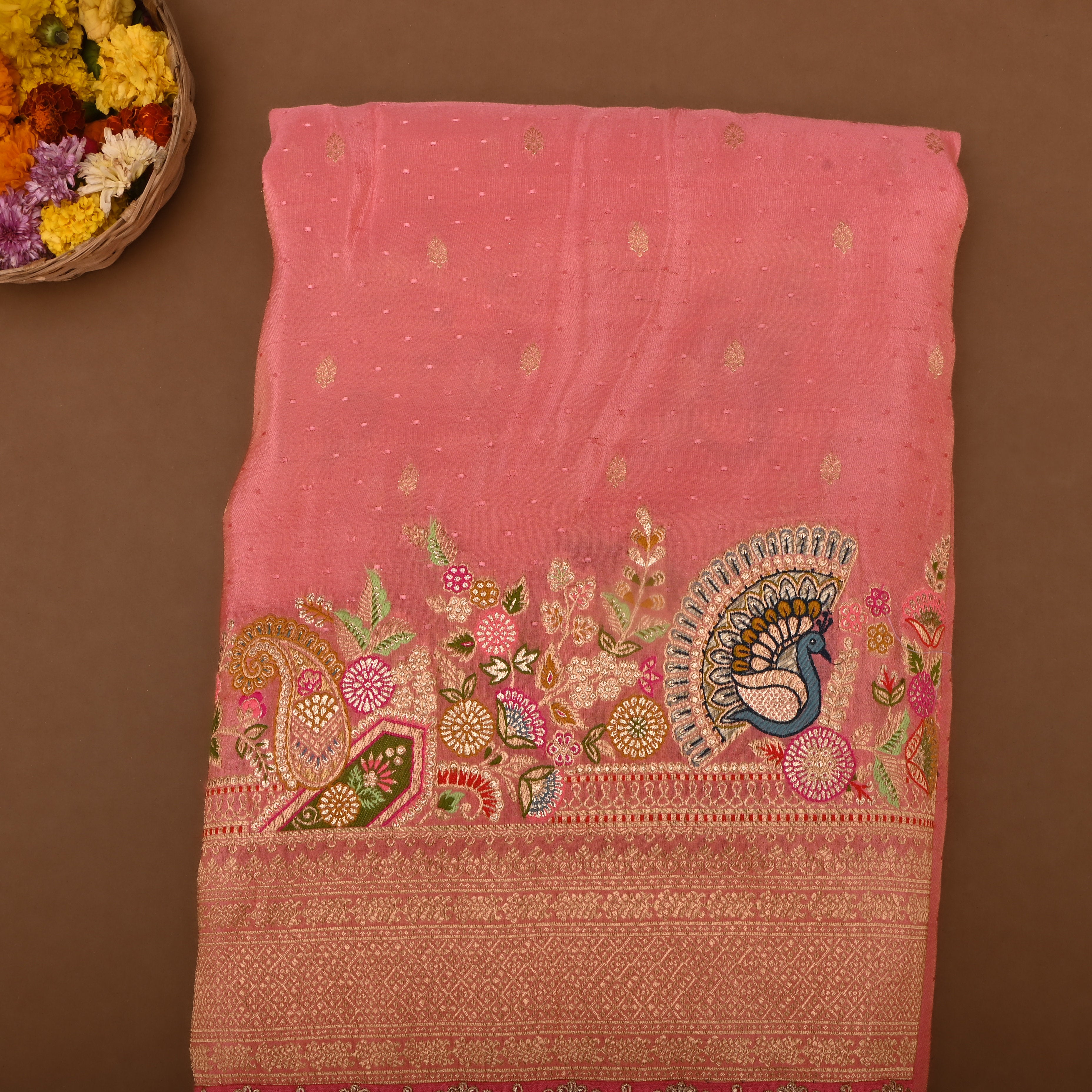 Blush Pink Jamawar Tissue Fabric With Designer Border
