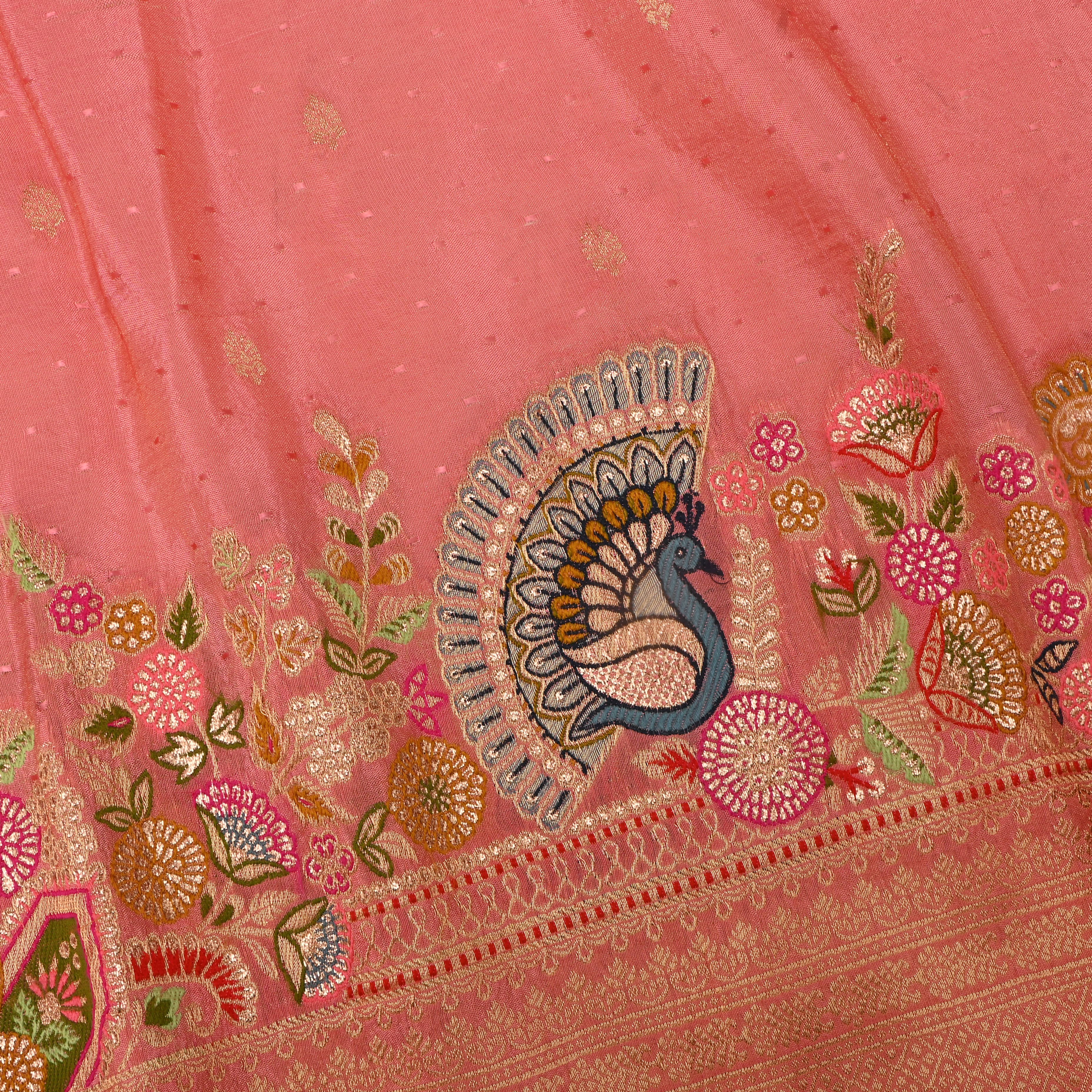 Blush Pink Jamawar Tissue Fabric With Designer Border