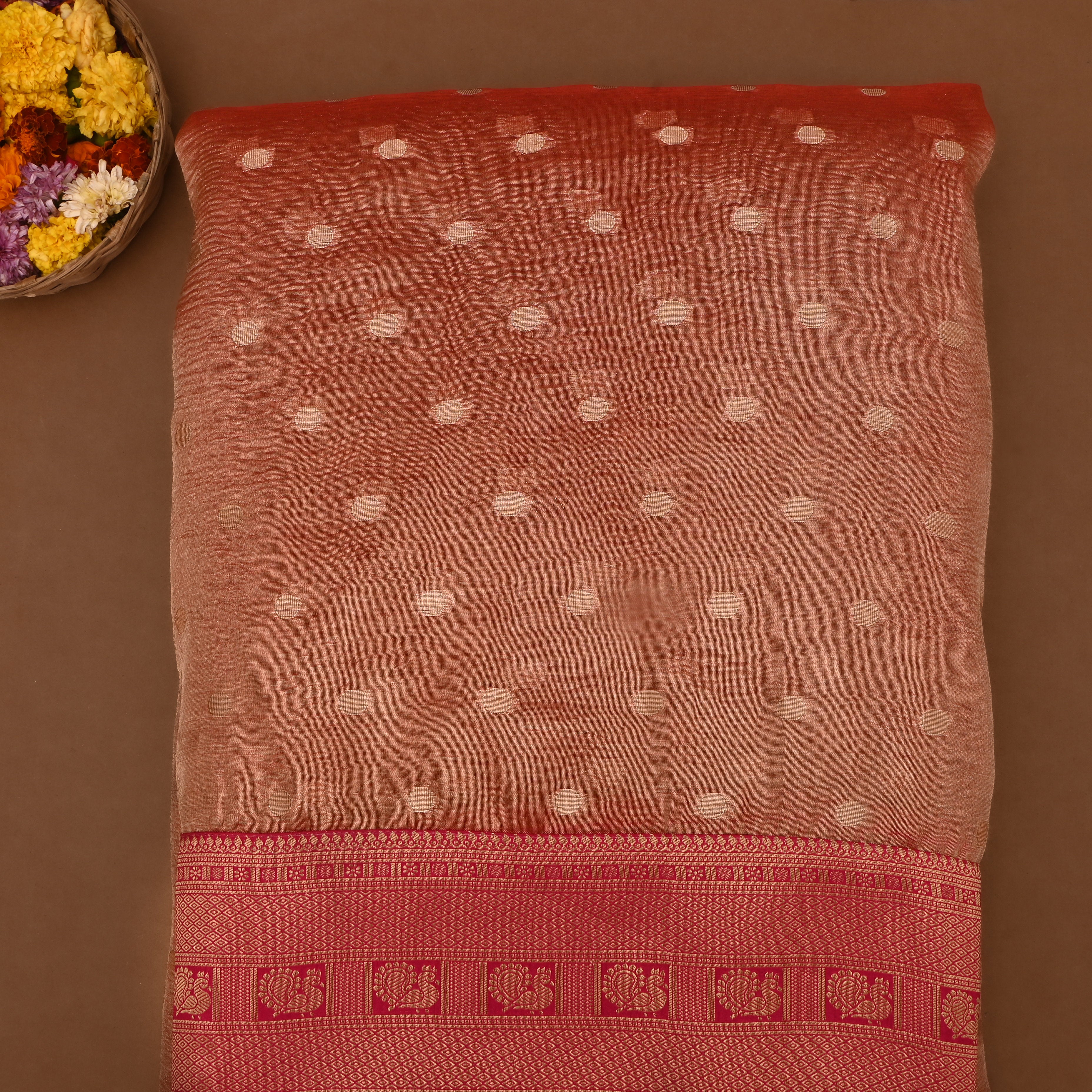 Coral Glow Jamawar Tissue Fabric With Contrast Border