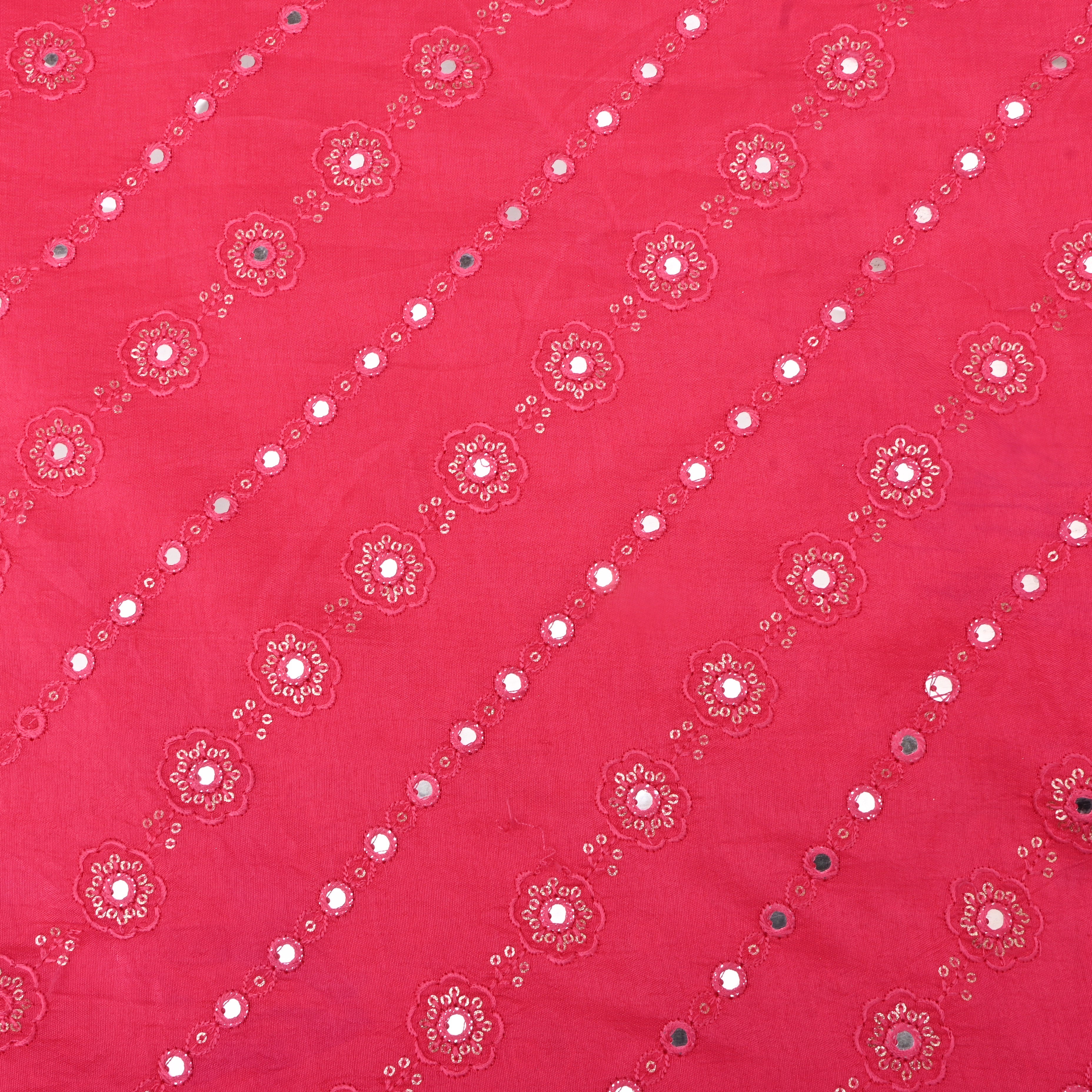 Hot Pink Silk Fabric With Mirror Work