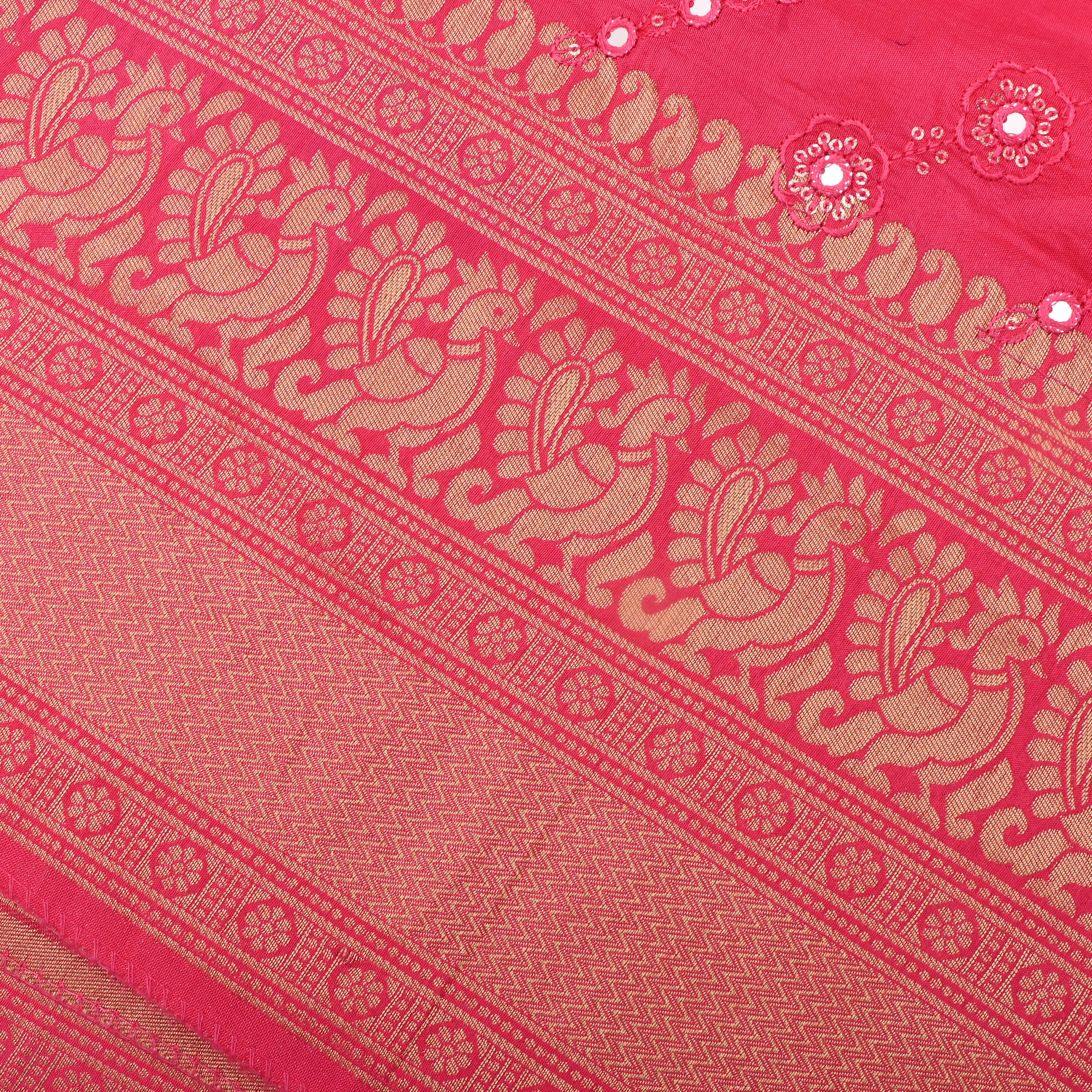 Hot Pink Silk Fabric With Mirror Work
