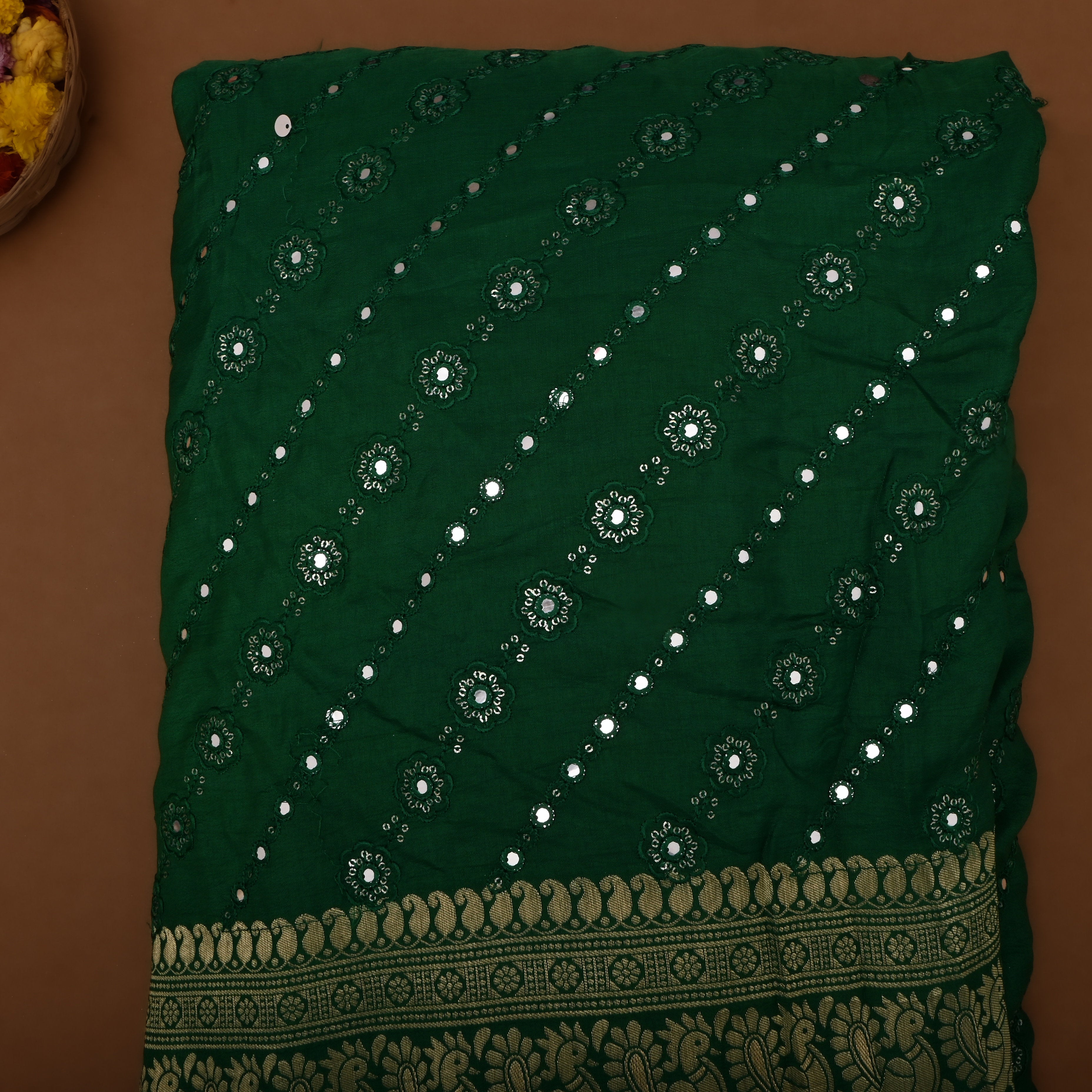 Bottle Green Silk Fabric With Mirror Work