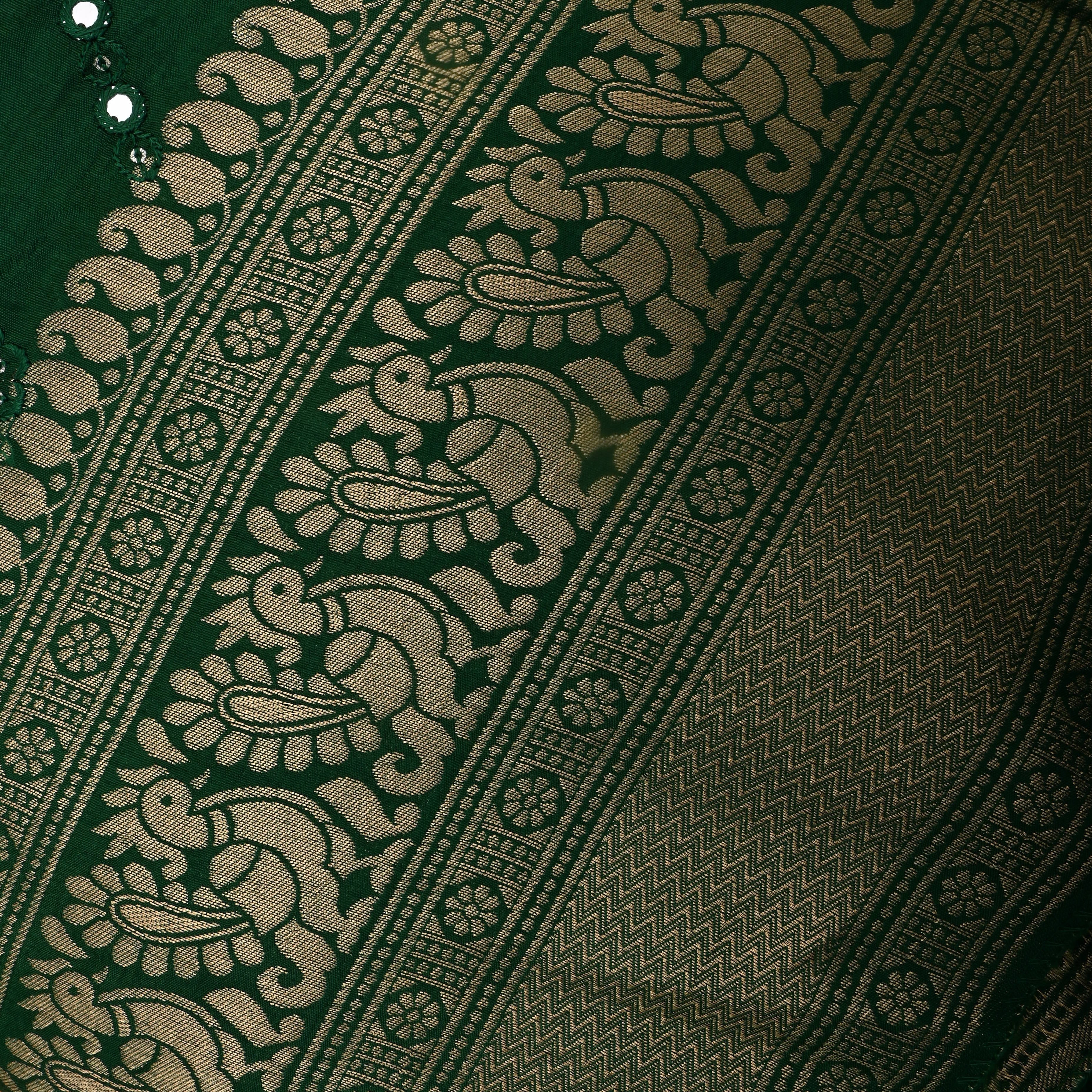 Bottle Green Silk Fabric With Mirror Work