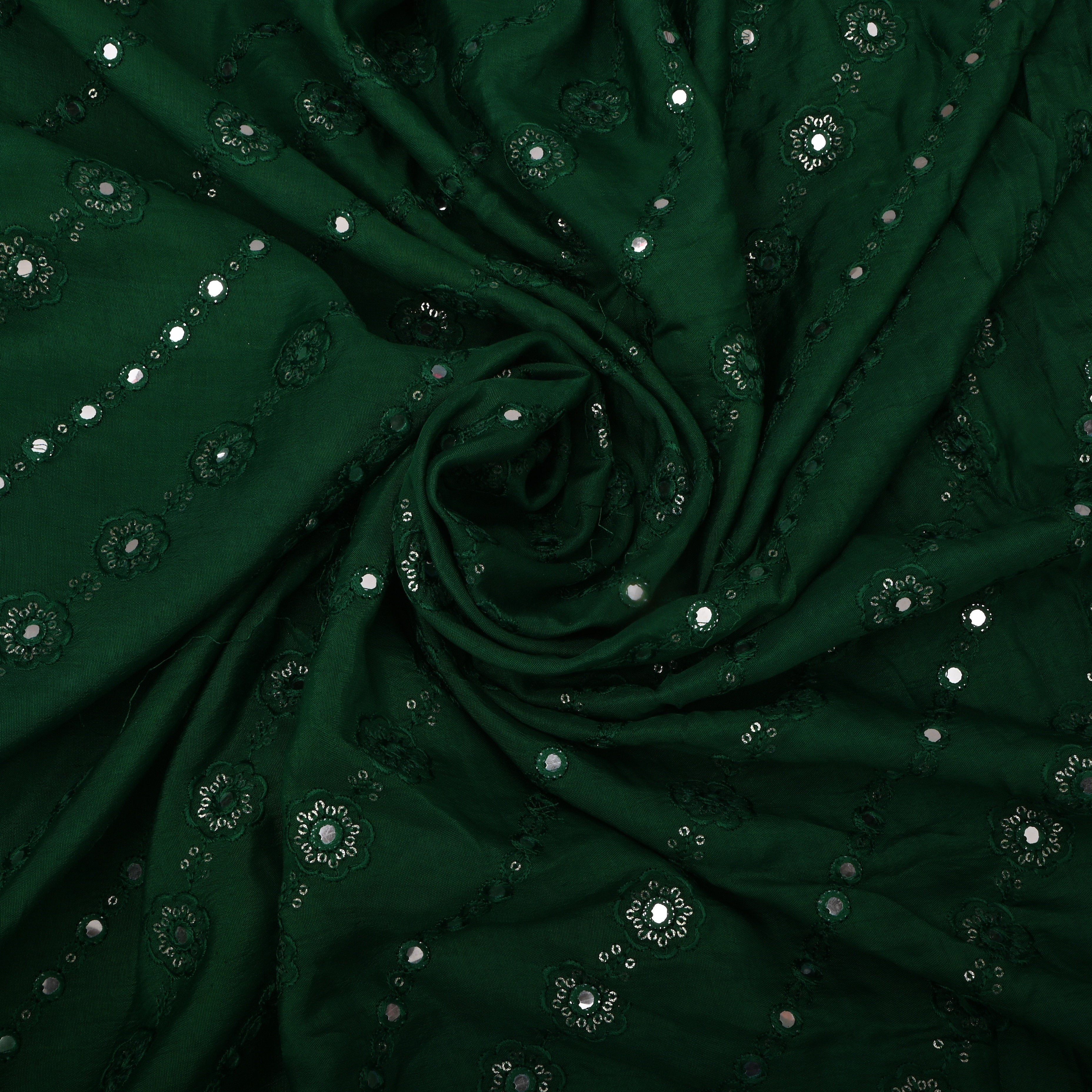 Bottle Green Silk Fabric With Mirror Work