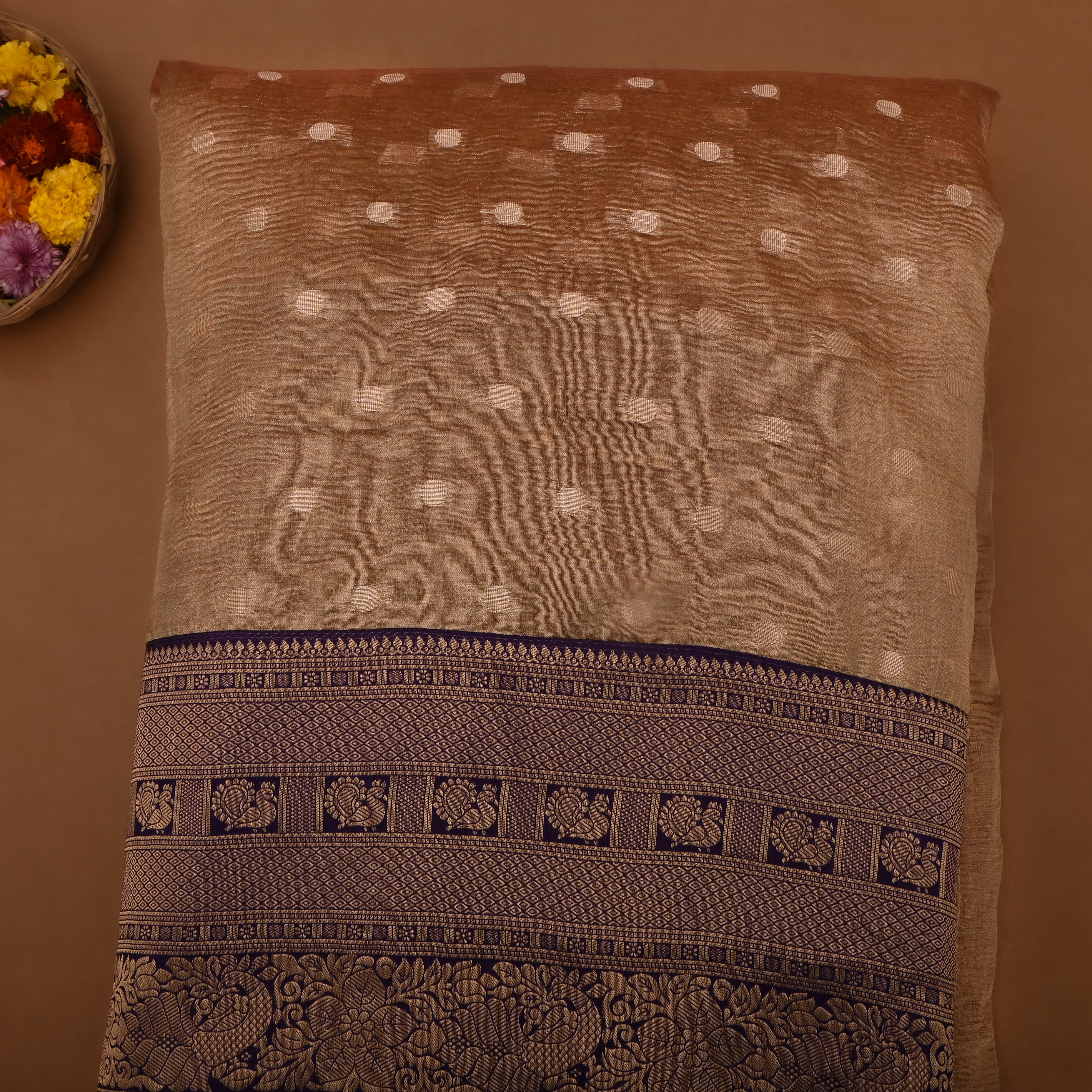 Light Traupe Brown Kanchi Zari Motifs Border Jamawar Tissue Fabric