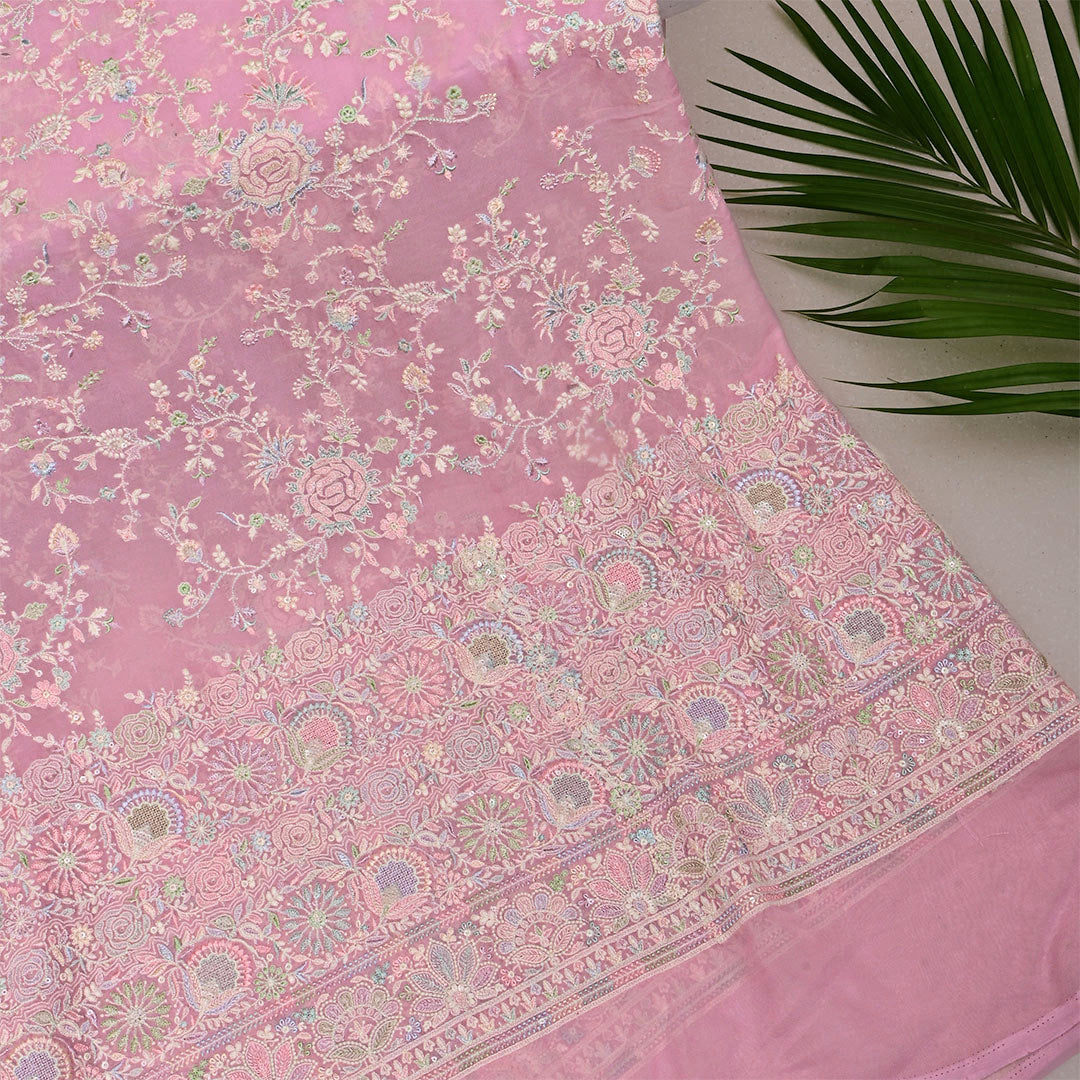 Turkish Rose Pink Georgette Embroidered Fabric
