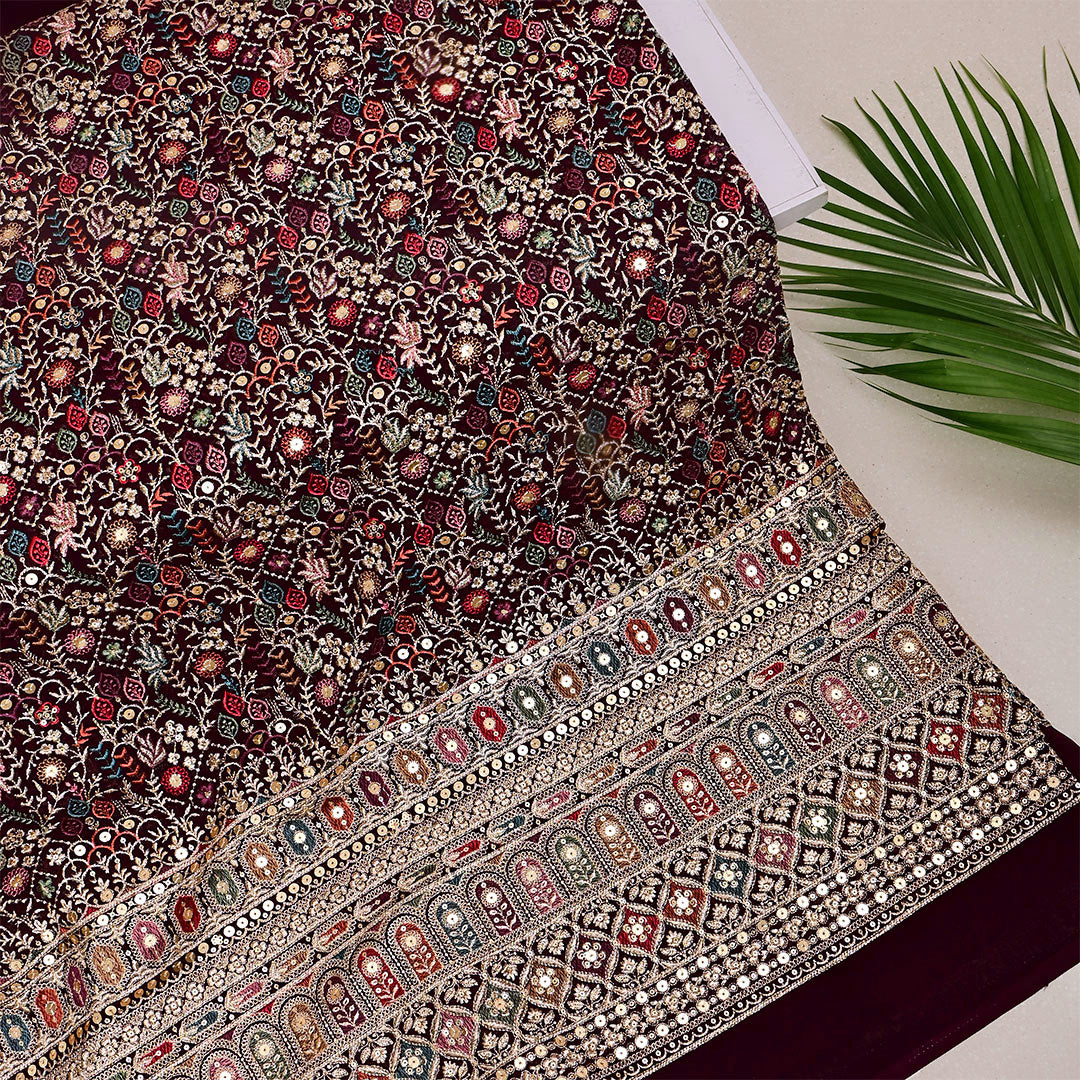 Sapia Black Brown Georgette Embroidered Fabric