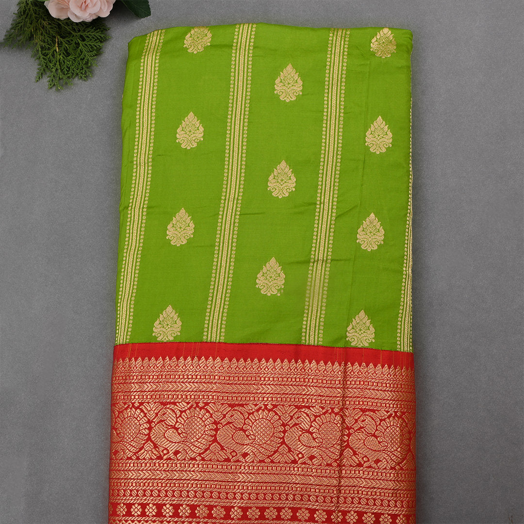 Sap Green Jamawar Silk Fabric With Contrast Border